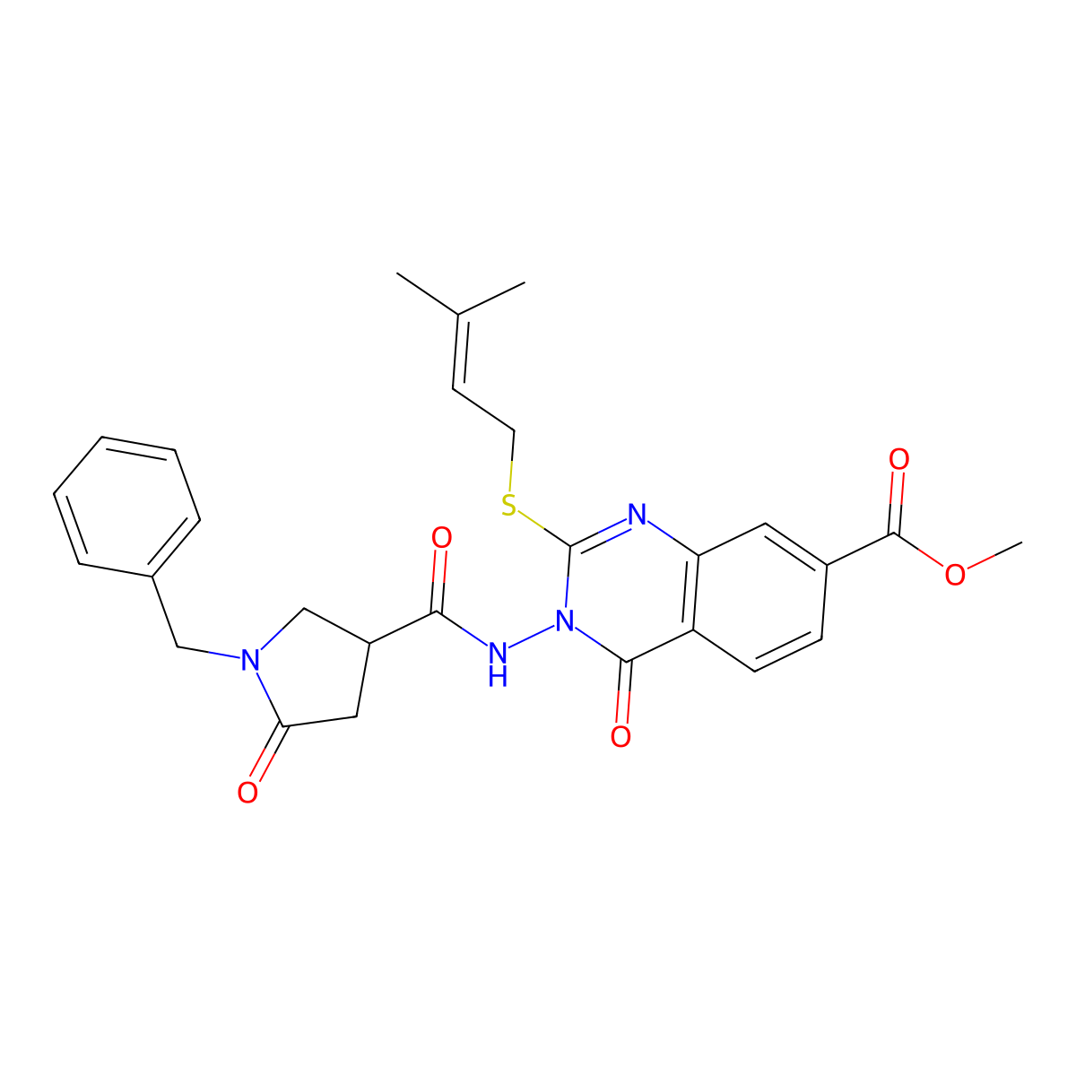 Methyl 3-(1-benzyl-5-oxopyrrolidine-3-amido)-2-[(3-methylbut-2-en-1-yl)sulfanyl]-4-oxo-3,4-dihydroquinazoline-7-carboxylate molecular structure, CAS 2640842-10-8