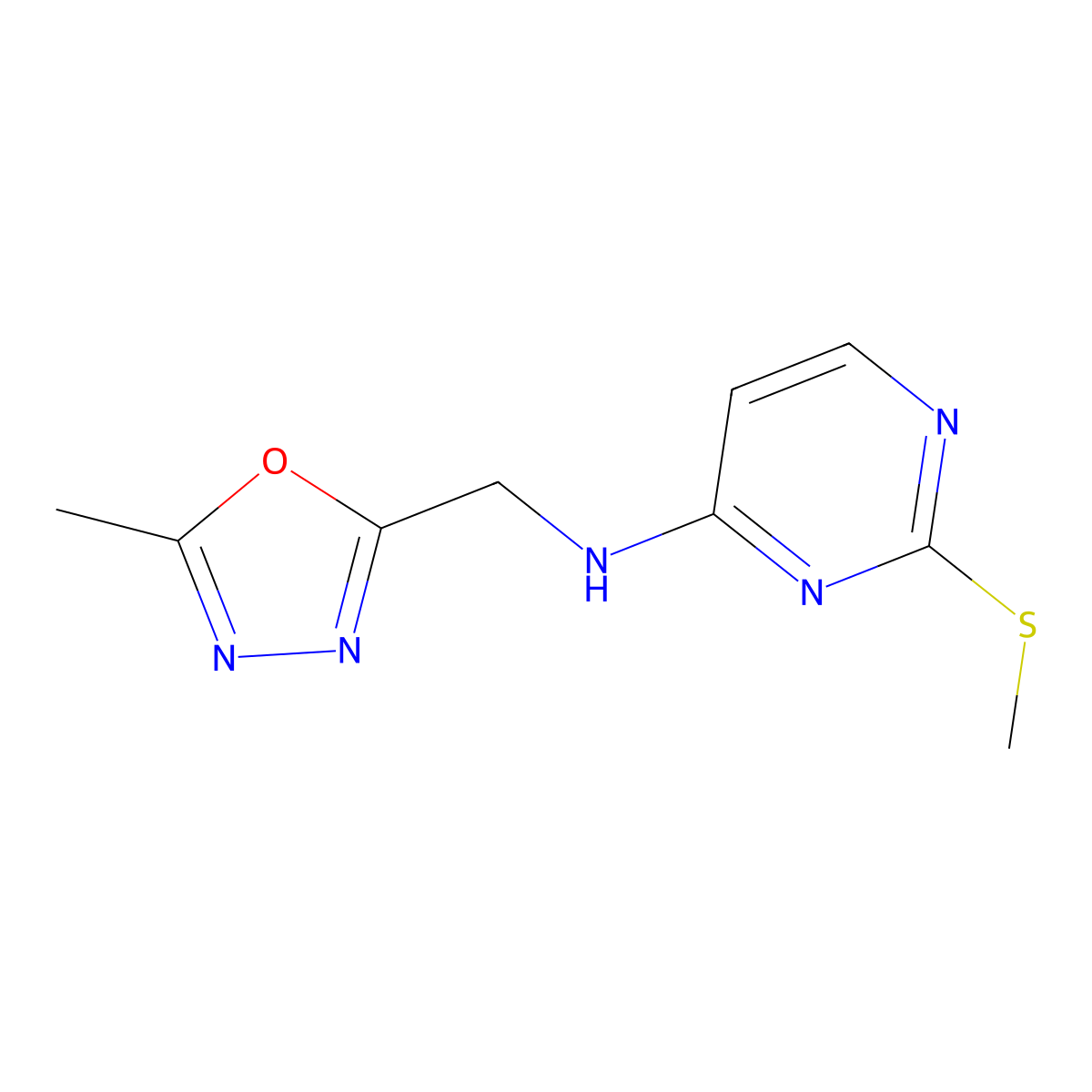 N-[(5-methyl-1,3,4-oxadiazol-2-yl)methyl]-2-(methylsulfanyl)pyrimidin-4-amine molecular structure, CAS 2640842-18-6