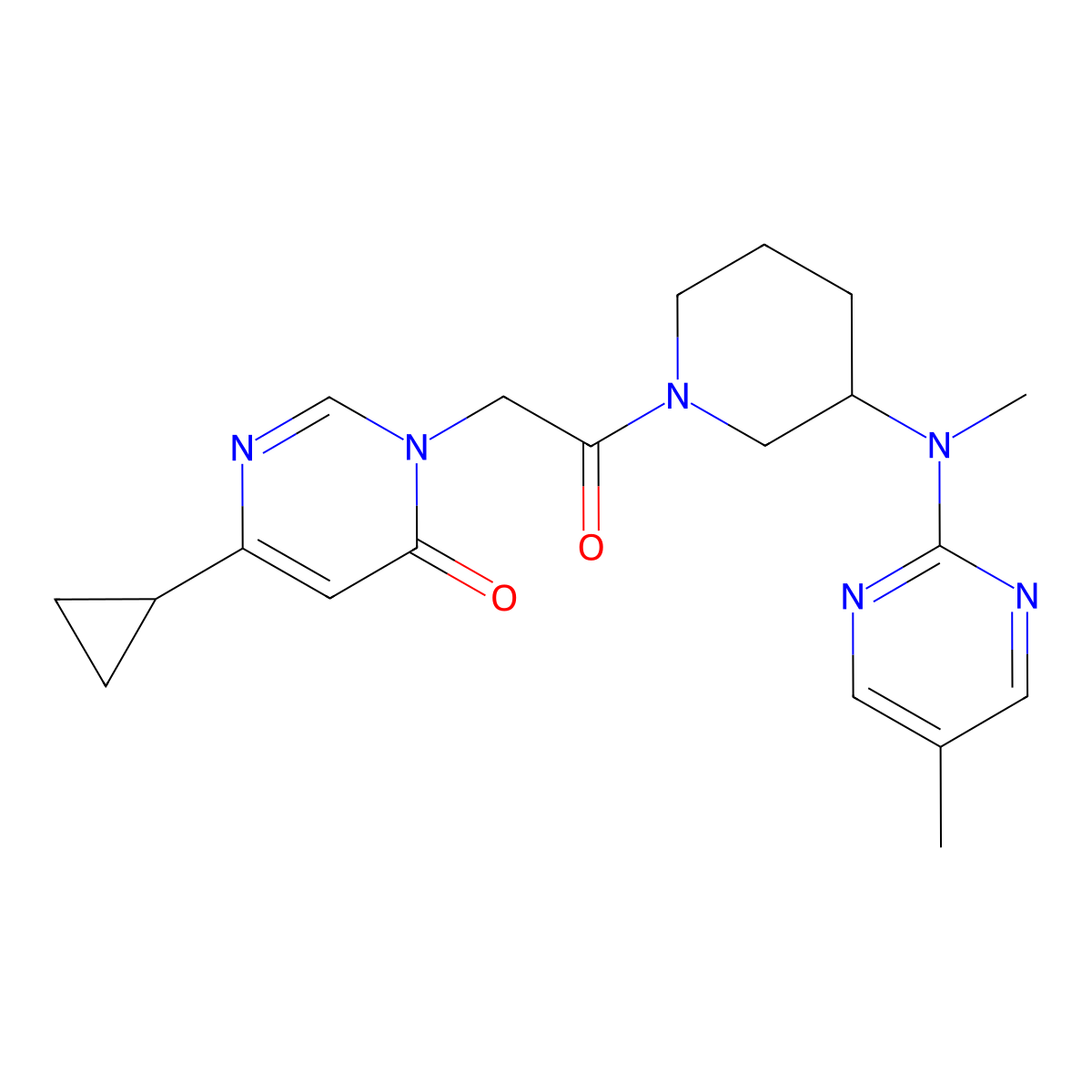 6-Cyclopropyl-3-(2-{3-[methyl(5-methylpyrimidin-2-yl)amino]piperidin-1-yl}-2-oxoethyl)-3,4-dihydropyrimidin-4-one molecular structure, CAS 2640842-27-7