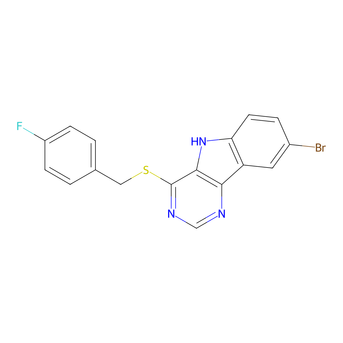 8-bromo-4-{[(4-fluorophenyl)methyl]sulfanyl}-5H-pyrimido[5,4-b]indole molecular structure, CAS 2640842-28-8