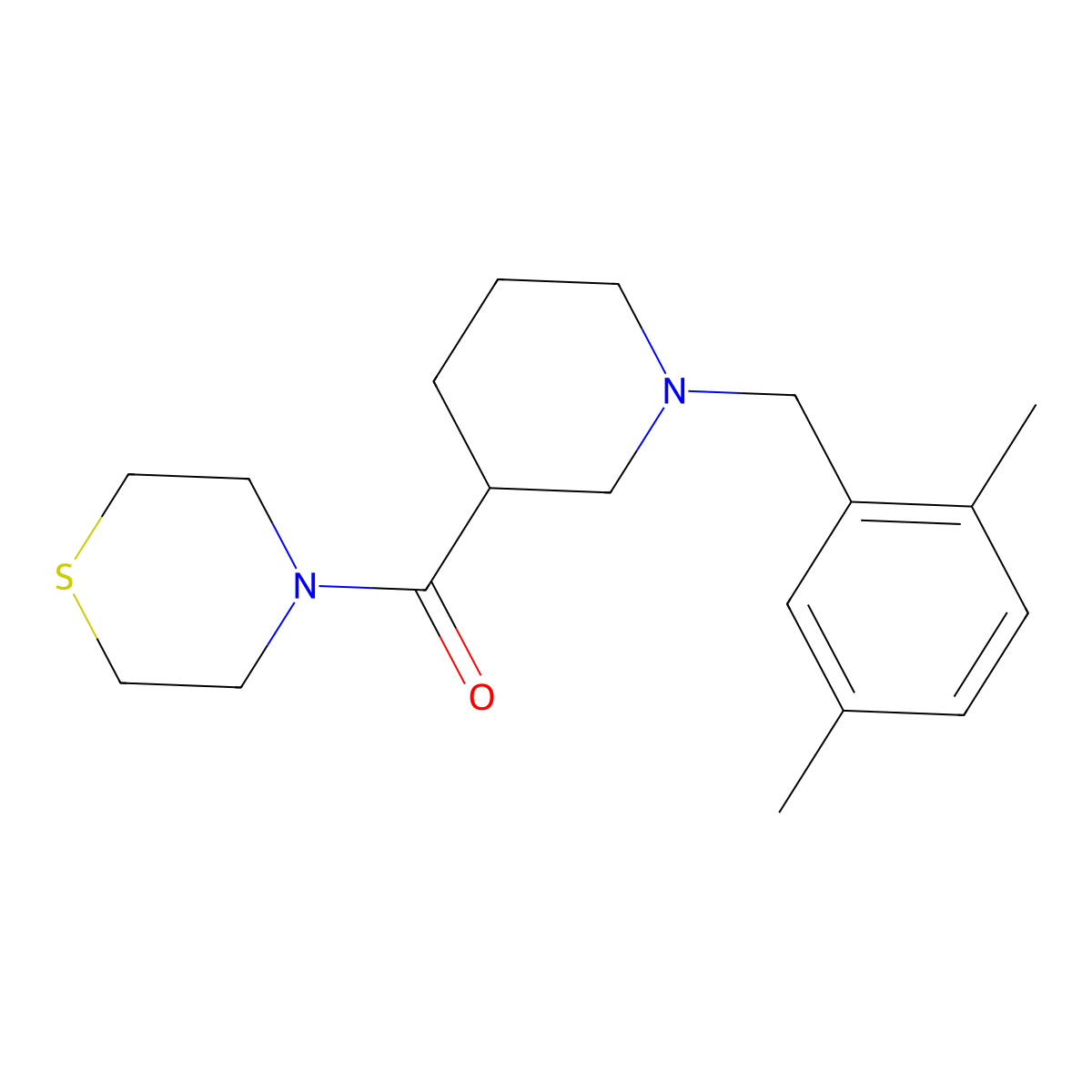 4-{1-[(2,5-Dimethylphenyl)methyl]piperidine-3-carbonyl}thiomorpholine molecular structure, CAS 2640842-32-4