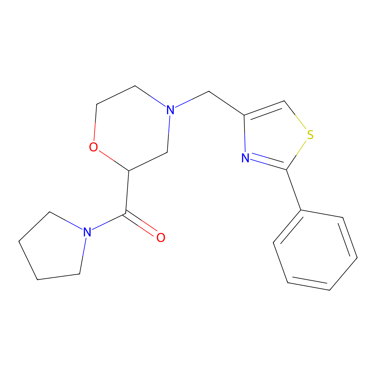 4-[(2-Phenyl-1,3-thiazol-4-yl)methyl]-2-(pyrrolidine-1-carbonyl)morpholine molecular structure, CAS 2640842-33-5
