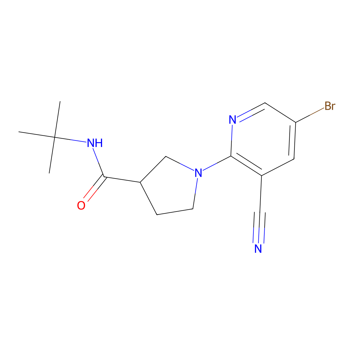 1-(5-bromo-3-cyanopyridin-2-yl)-N-tert-butylpyrrolidine-3-carboxamide molecular structure, CAS 2640842-34-6