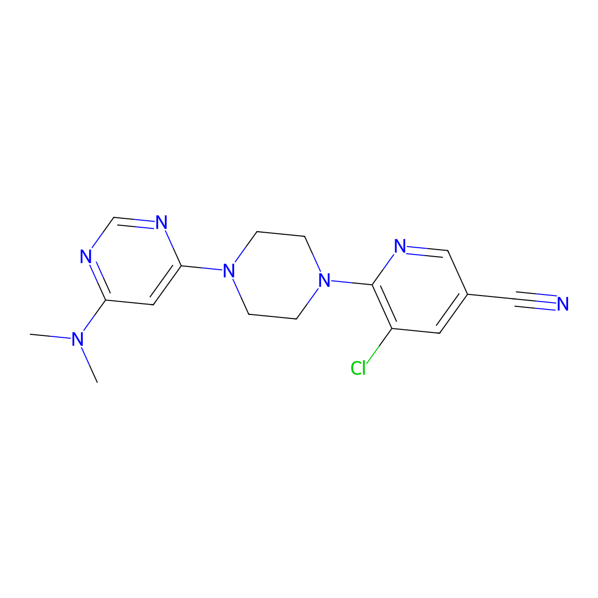 5-Chloro-6-{4-[6-(dimethylamino)pyrimidin-4-yl]piperazin-1-yl}pyridine-3-carbonitrile molecular structure, CAS 2640842-37-9
