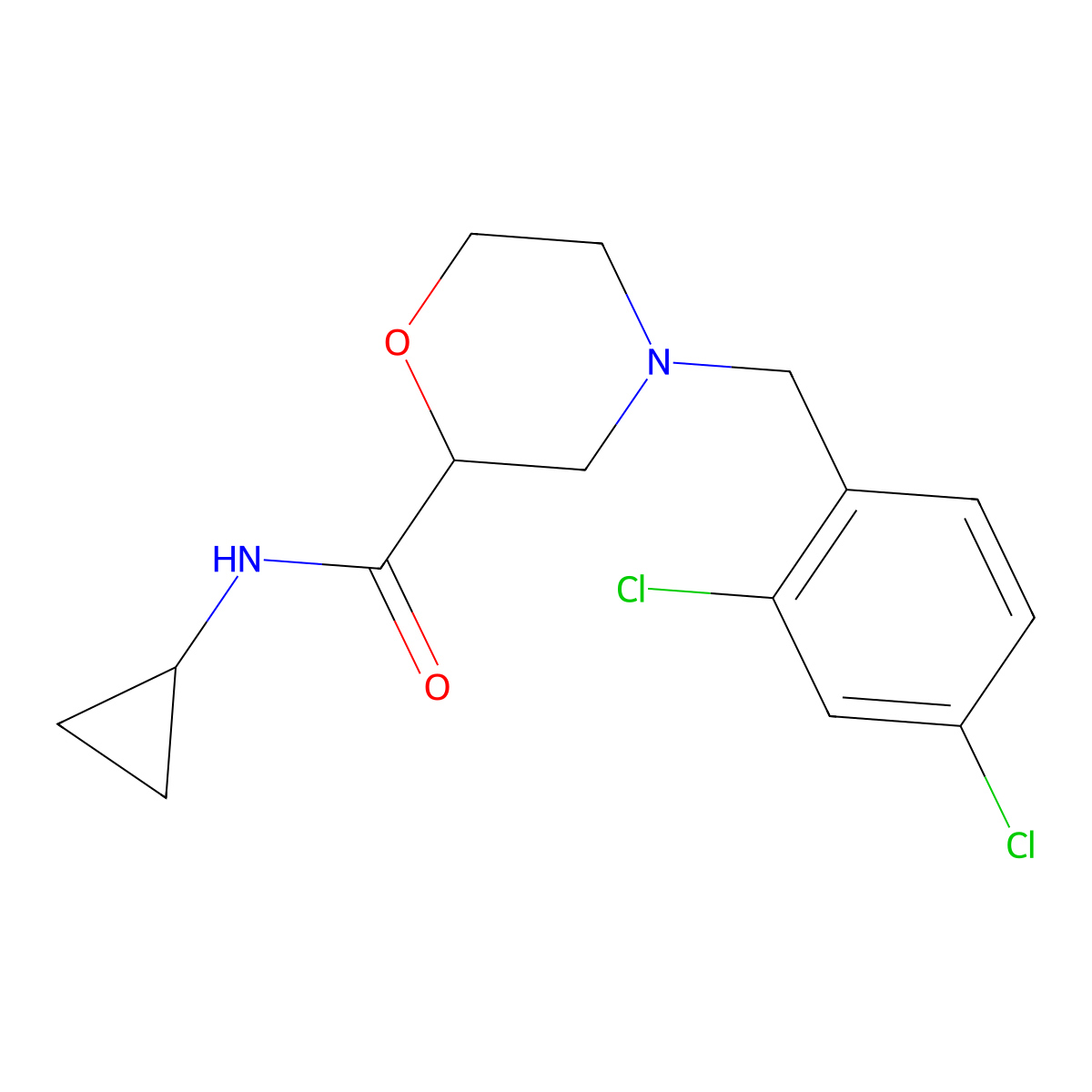 N-cyclopropyl-4-[(2,4-dichlorophenyl)methyl]morpholine-2-carboxamide molecular structure, CAS 2640842-38-0
