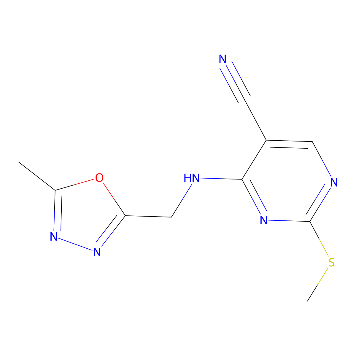 4-{[(5-Methyl-1,3,4-oxadiazol-2-yl)methyl]amino}-2-(methylsulfanyl)pyrimidine-5-carbonitrile molecular structure, CAS 2640842-39-1