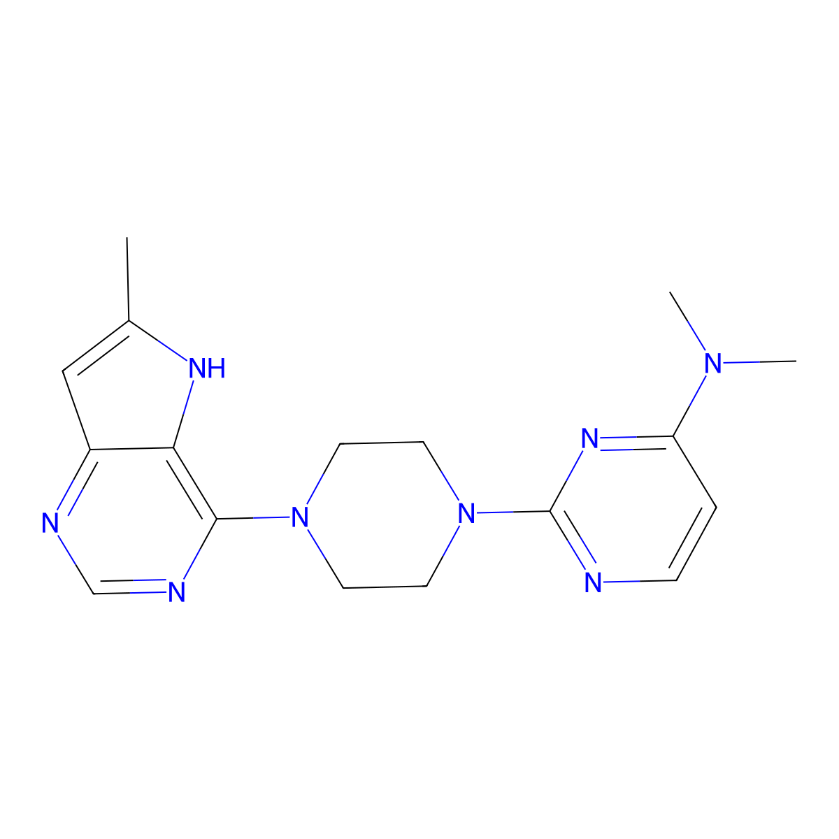 N,N-dimethyl-2-(4-{6-methyl-5H-pyrrolo[3,2-d]pyrimidin-4-yl}piperazin-1-yl)pyrimidin-4-amine molecular structure, CAS 2640842-42-6