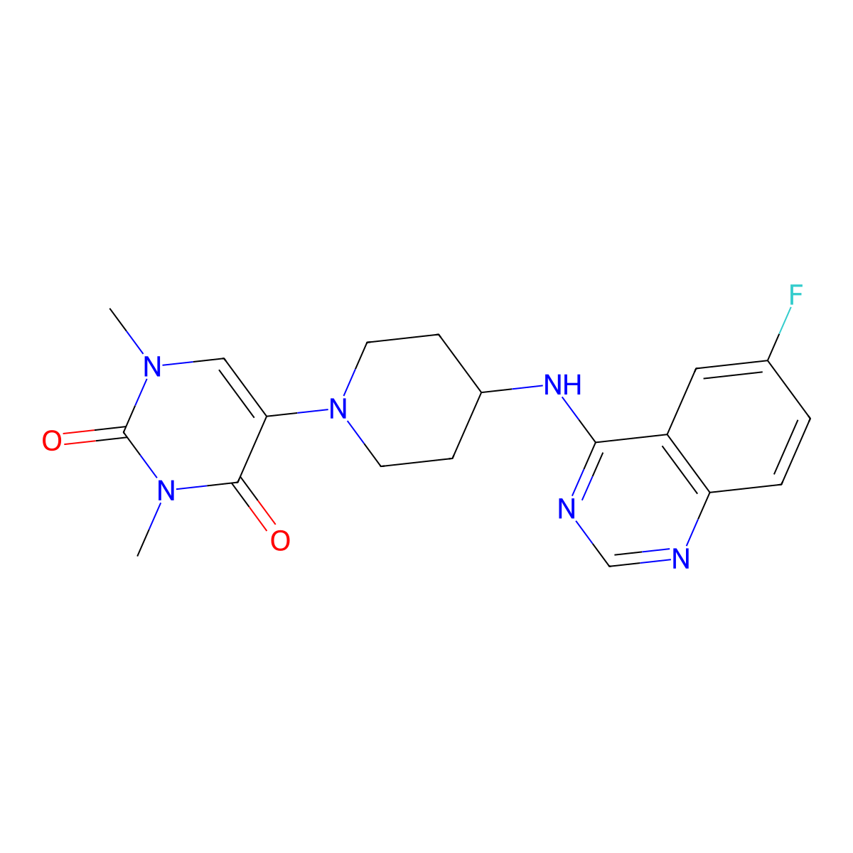 5-{4-[(6-Fluoroquinazolin-4-yl)amino]piperidin-1-yl}-1,3-dimethyl-1,2,3,4-tetrahydropyrimidine-2,4-dione molecular structure, CAS 2640842-49-3