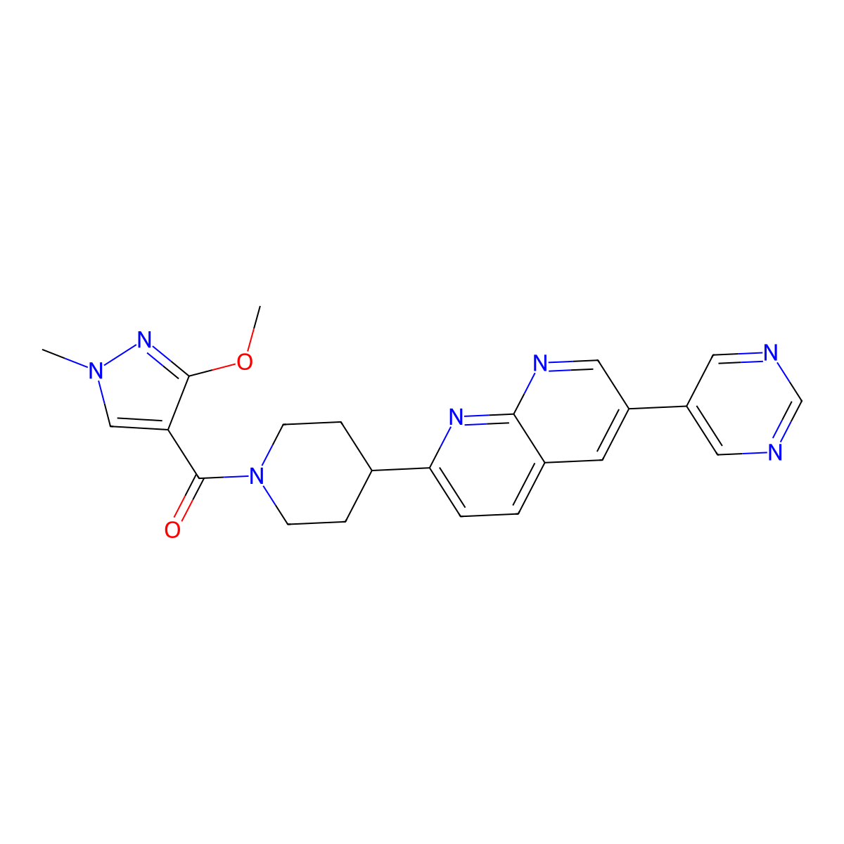 2-[1-(3-methoxy-1-methyl-1H-pyrazole-4-carbonyl)piperidin-4-yl]-6-(pyrimidin-5-yl)-1,8-naphthyridine molecular structure, CAS 2640842-63-1