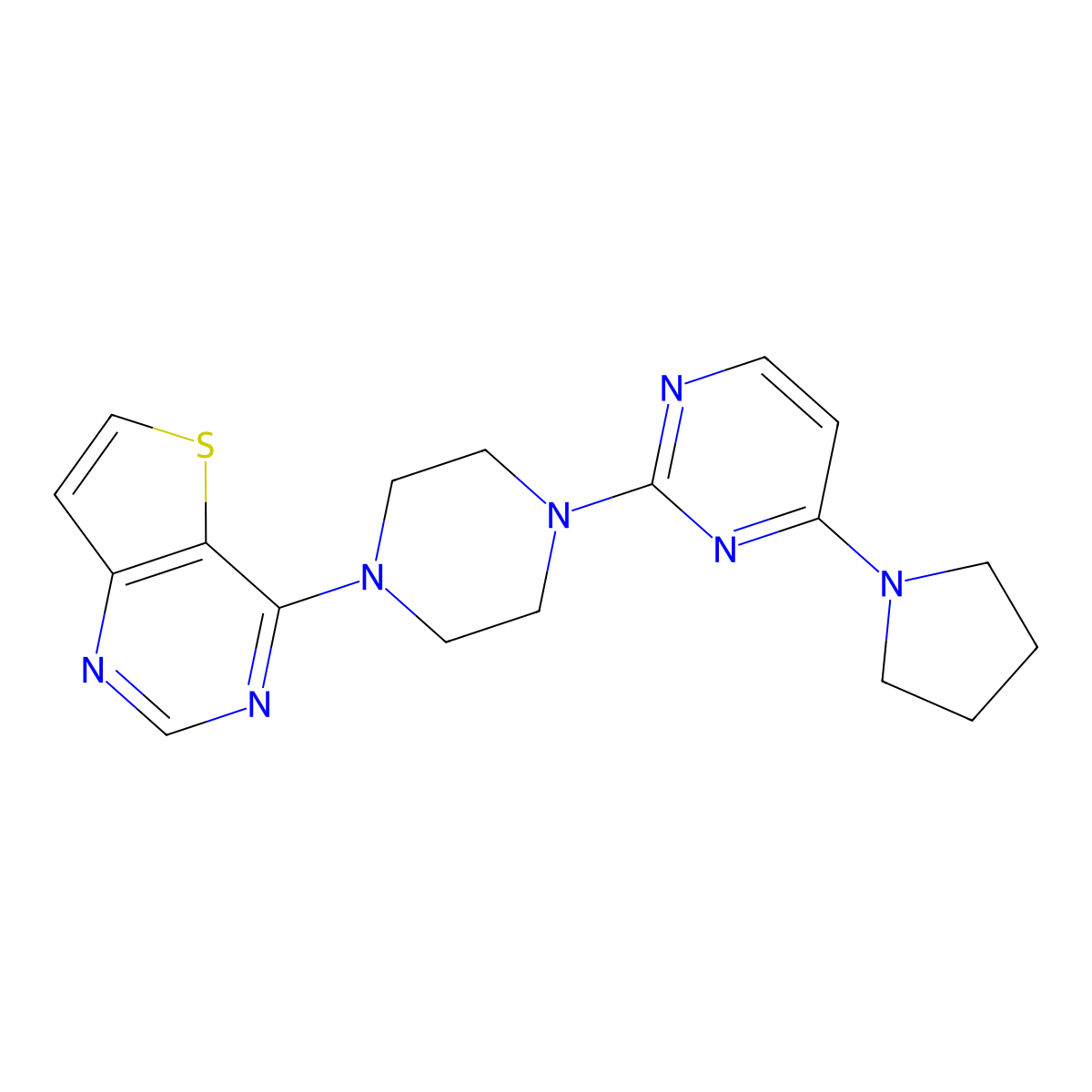 4-(Pyrrolidin-1-yl)-2-(4-{thieno[3,2-d]pyrimidin-4-yl}piperazin-1-yl)pyrimidine molecular structure, CAS 2640842-66-4