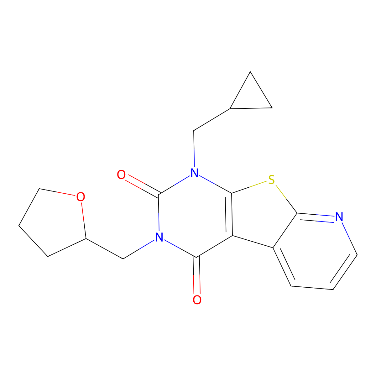 6-(Cyclopropylmethyl)-4-[(oxolan-2-yl)methyl]-8-thia-4,6,10-triazatricyclo[7.4.0.0^{2,7}]trideca-1(13),2(7),9,11-tetraene-3,5-dione molecular structure, CAS 2640842-69-7