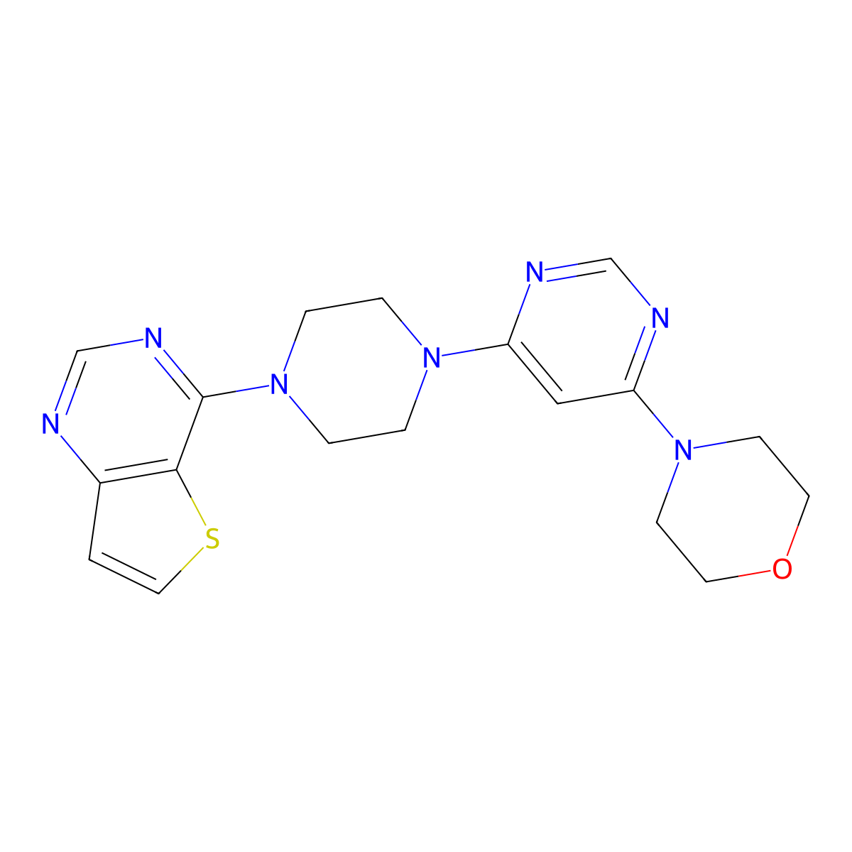 4-[6-(4-{Thieno[3,2-d]pyrimidin-4-yl}piperazin-1-yl)pyrimidin-4-yl]morpholine molecular structure, CAS 2640842-73-3