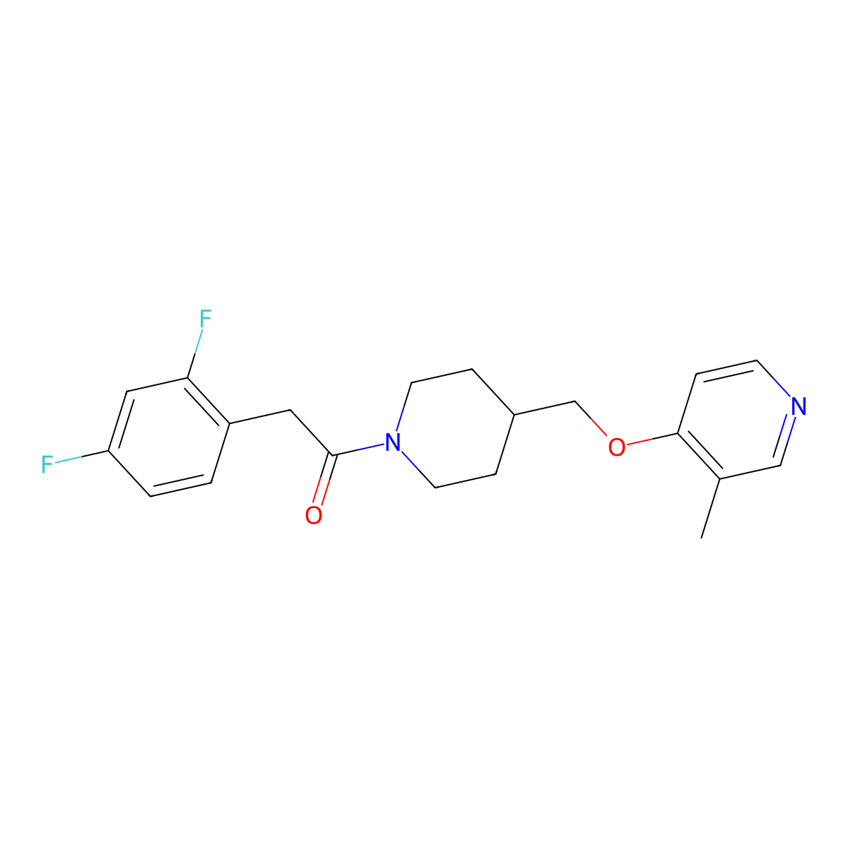 2-(2,4-Difluorophenyl)-1-(4-{[(3-methylpyridin-4-yl)oxy]methyl}piperidin-1-yl)ethan-1-one molecular structure, CAS 2640842-93-7