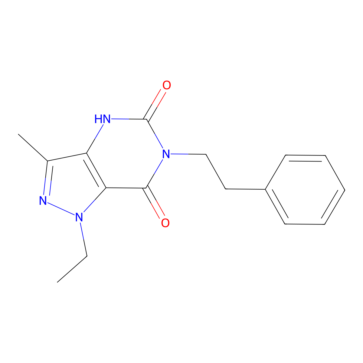 1-ethyl-3-methyl-6-(2-phenylethyl)-1H,4H,5H,6H,7H-pyrazolo[4,3-d]pyrimidine-5,7-dione molecular structure, CAS 2640842-95-9