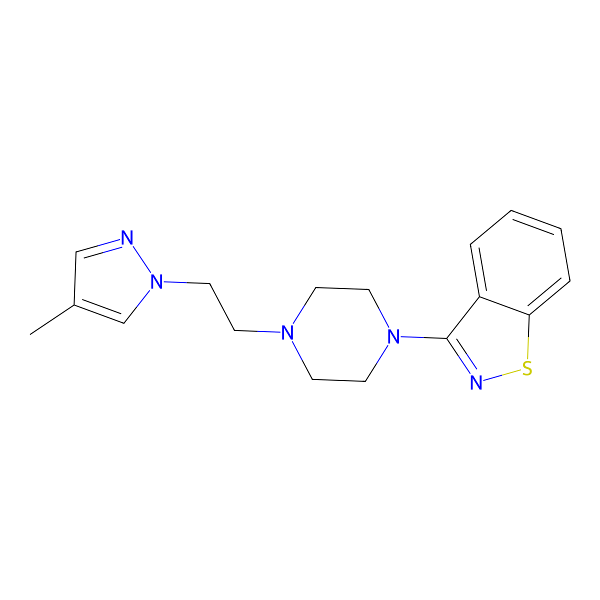 3-{4-[2-(4-methyl-1H-pyrazol-1-yl)ethyl]piperazin-1-yl}-1,2-benzothiazole molecular structure, CAS 2640842-97-1