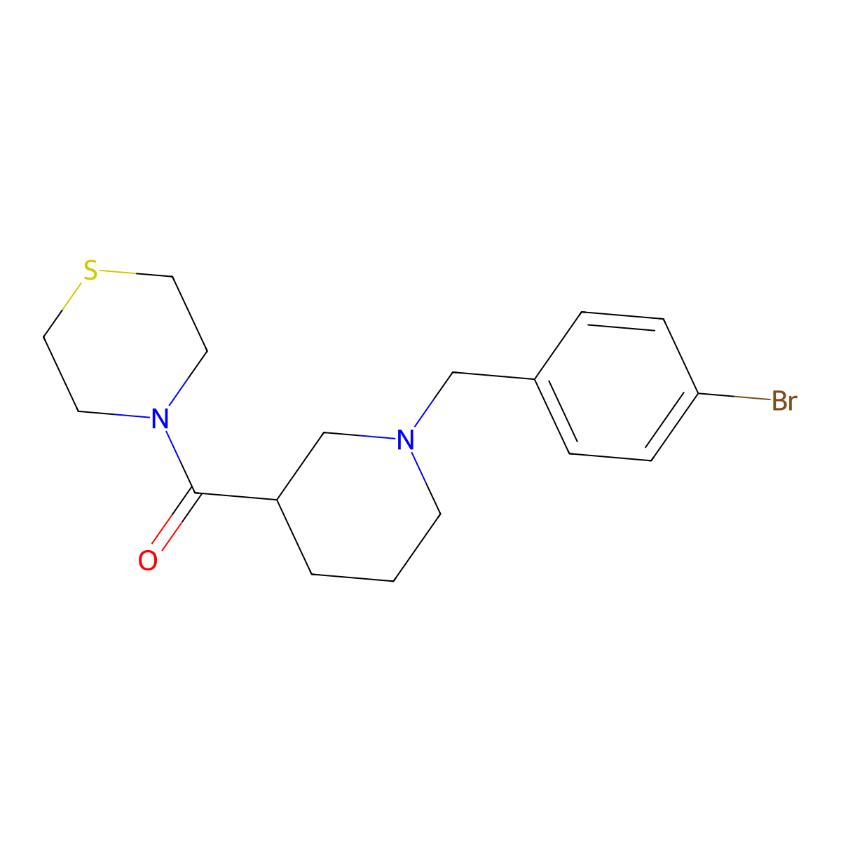 4-{1-[(4-Bromophenyl)methyl]piperidine-3-carbonyl}thiomorpholine molecular structure, CAS 2640843-07-6