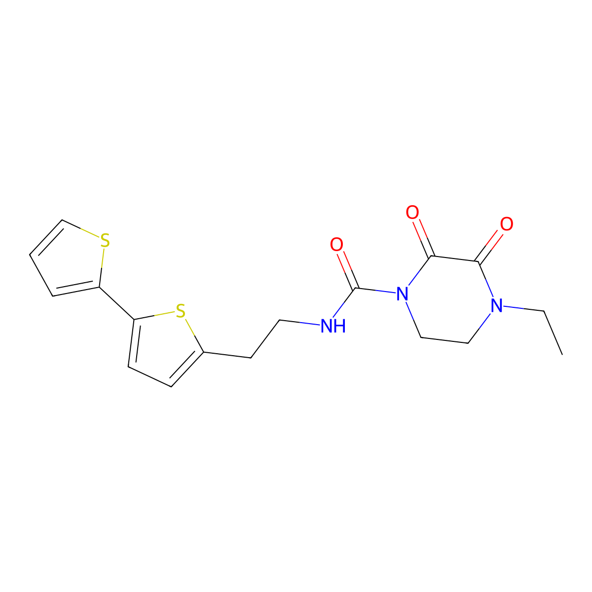 N-(2-{[2,2'-bithiophene]-5-yl}ethyl)-4-ethyl-2,3-dioxopiperazine-1-carboxamide molecular structure, CAS 2640843-09-8