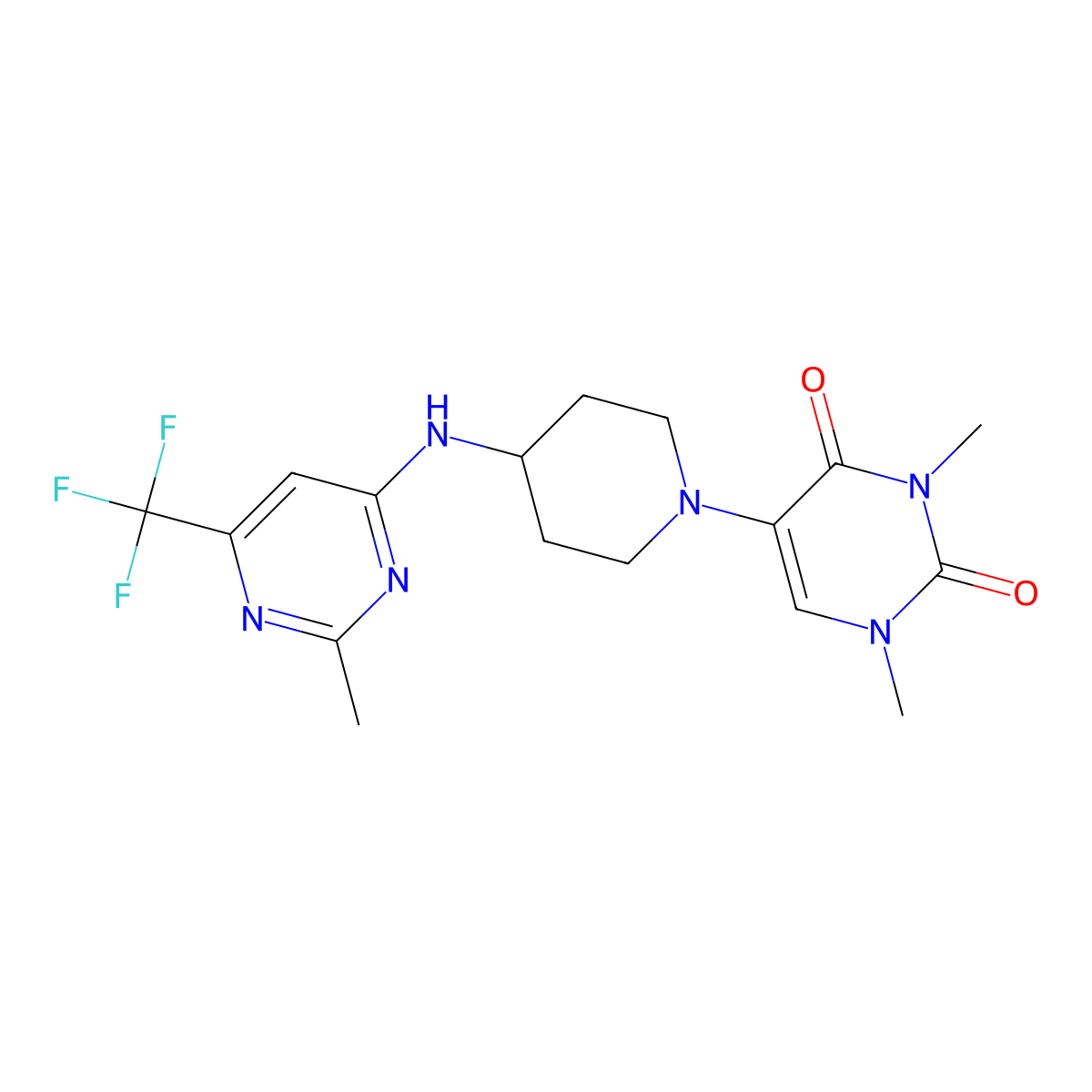 1,3-Dimethyl-5-(4-{[2-methyl-6-(trifluoromethyl)pyrimidin-4-yl]amino}piperidin-1-yl)-1,2,3,4-tetrahydropyrimidine-2,4-dione molecular structure, CAS 2640843-12-3