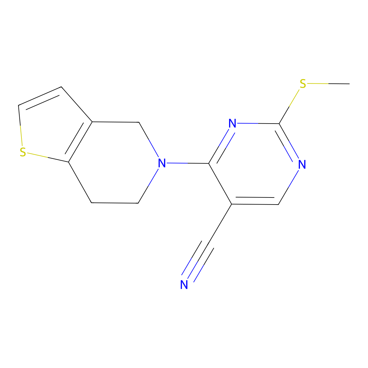 2-(methylsulfanyl)-4-{4H,5H,6H,7H-thieno[3,2-c]pyridin-5-yl}pyrimidine-5-carbonitrile molecular structure, CAS 2640843-13-4