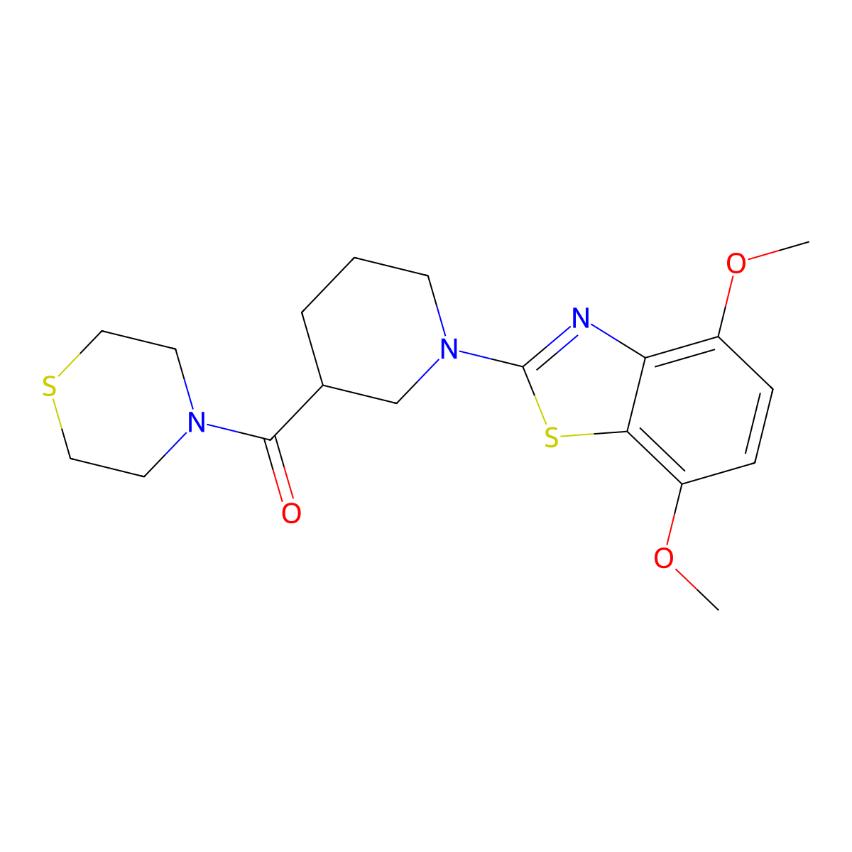 4,7-Dimethoxy-2-[3-(thiomorpholine-4-carbonyl)piperidin-1-yl]-1,3-benzothiazole molecular structure, CAS 2640843-19-0
