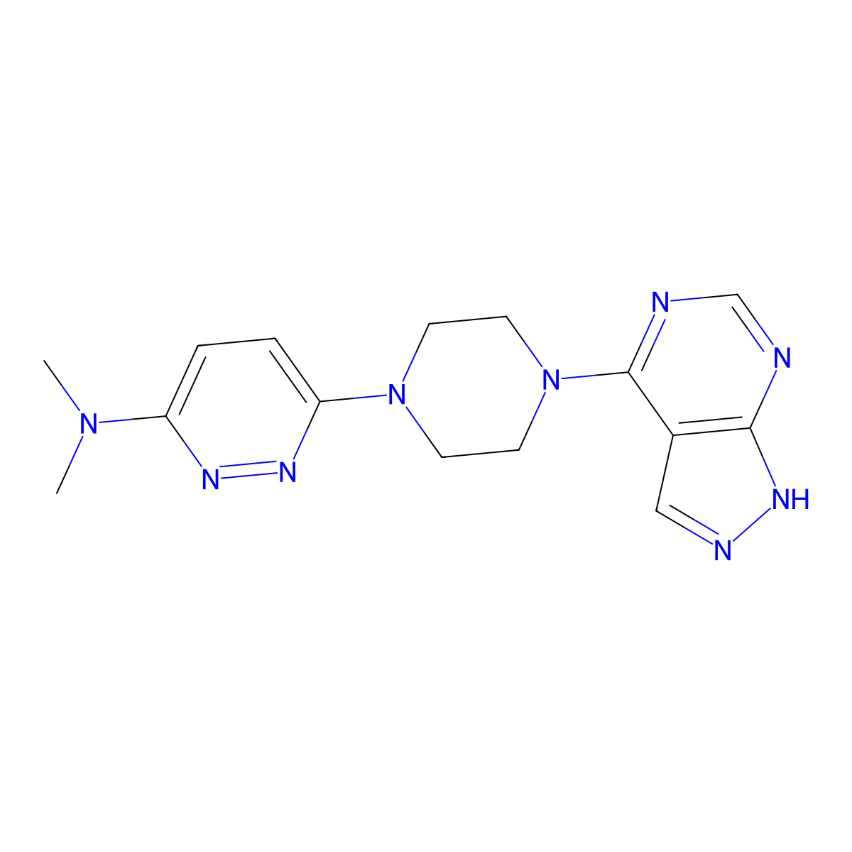 N,N-dimethyl-6-(4-{1H-pyrazolo[3,4-d]pyrimidin-4-yl}piperazin-1-yl)pyridazin-3-amine molecular structure, CAS 2640843-35-0