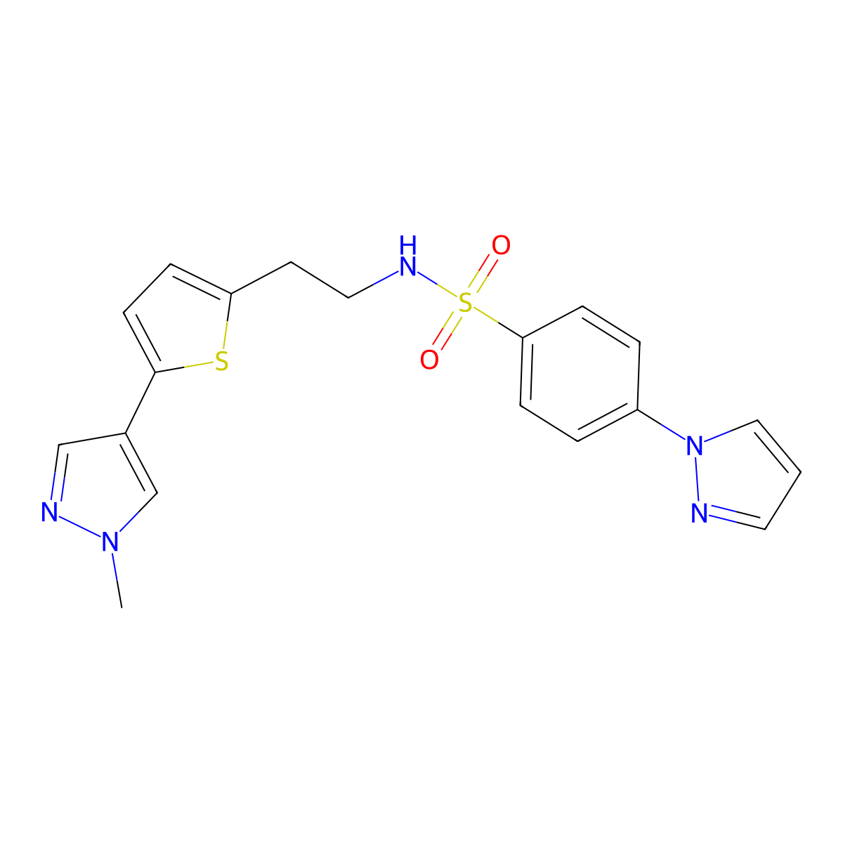 N-{2-[5-(1-methyl-1H-pyrazol-4-yl)thiophen-2-yl]ethyl}-4-(1H-pyrazol-1-yl)benzene-1-sulfonamide molecular structure, CAS 2640843-38-3