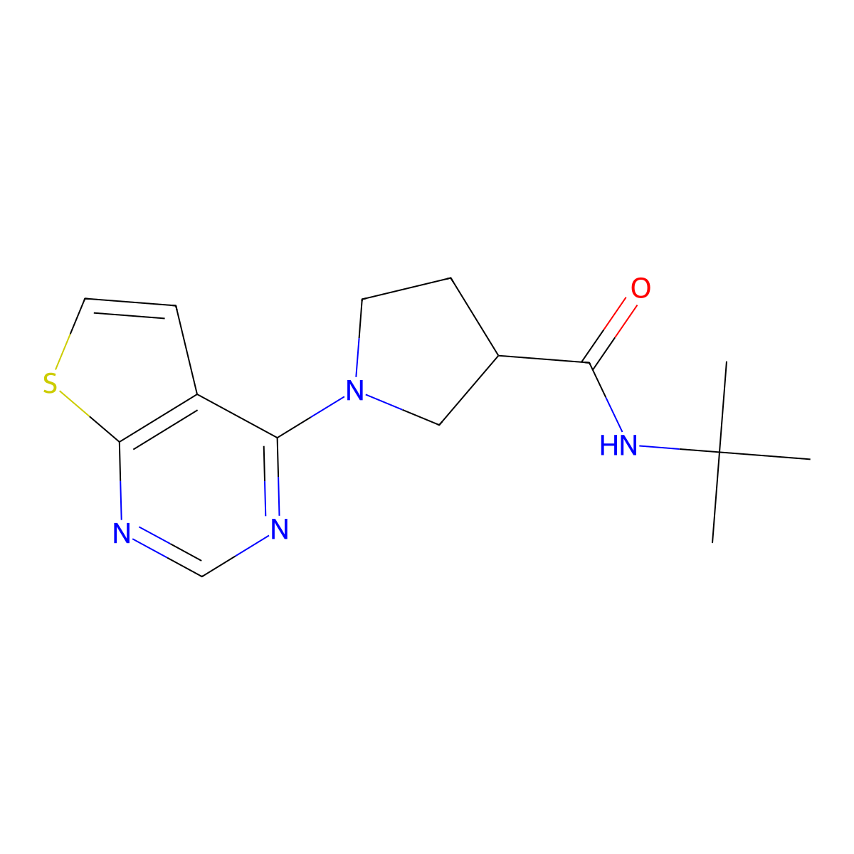 N-tert-butyl-1-{thieno[2,3-d]pyrimidin-4-yl}pyrrolidine-3-carboxamide molecular structure, CAS 2640843-41-8