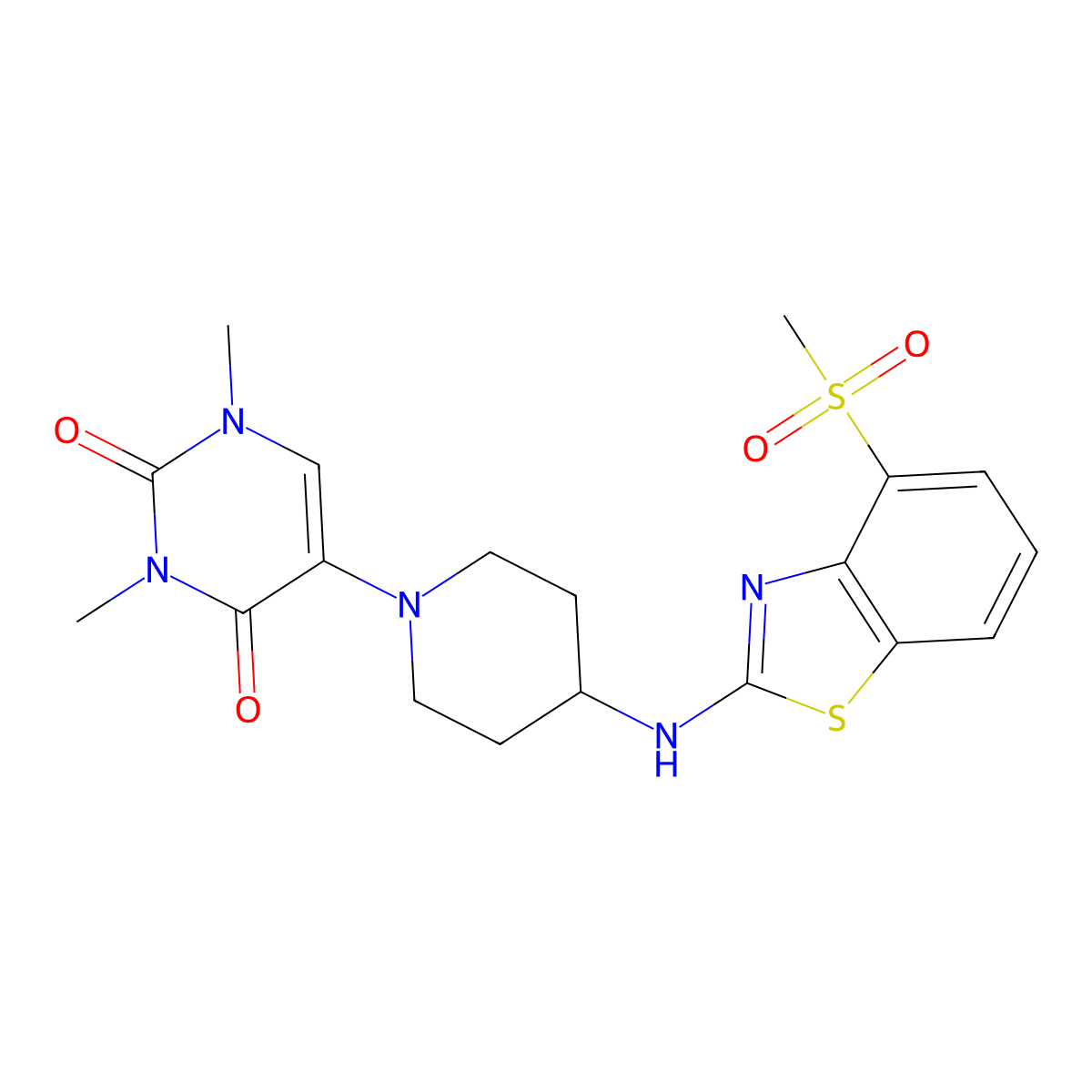5-{4-[(4-Methanesulfonyl-1,3-benzothiazol-2-yl)amino]piperidin-1-yl}-1,3-dimethyl-1,2,3,4-tetrahydropyrimidine-2,4-dione molecular structure, CAS 2640843-48-5