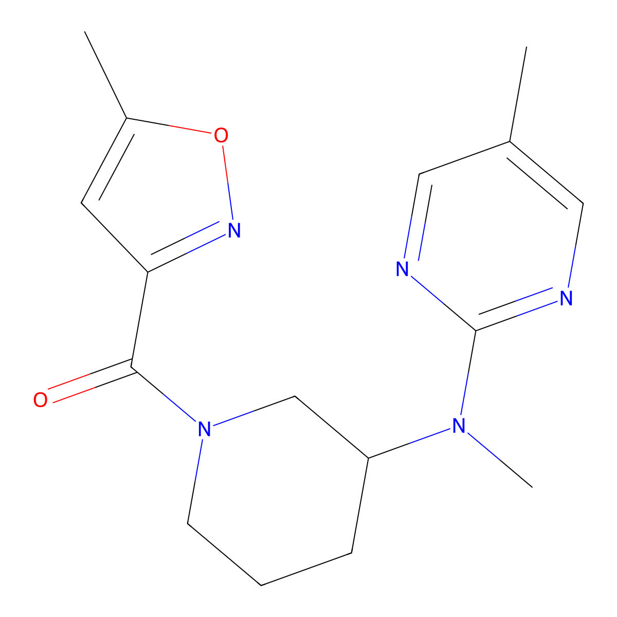 N,5-dimethyl-N-[1-(5-methyl-1,2-oxazole-3-carbonyl)piperidin-3-yl]pyrimidin-2-amine molecular structure, CAS 2640843-55-4