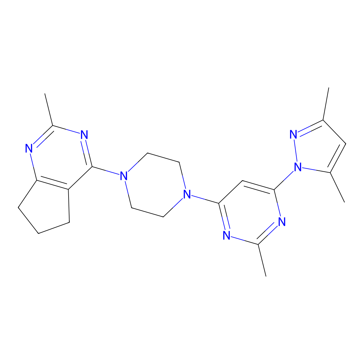 4-(3,5-dimethyl-1H-pyrazol-1-yl)-2-methyl-6-(4-{2-methyl-5H,6H,7H-cyclopenta[d]pyrimidin-4-yl}piperazin-1-yl)pyrimidine molecular structure, CAS 2640843-58-7
