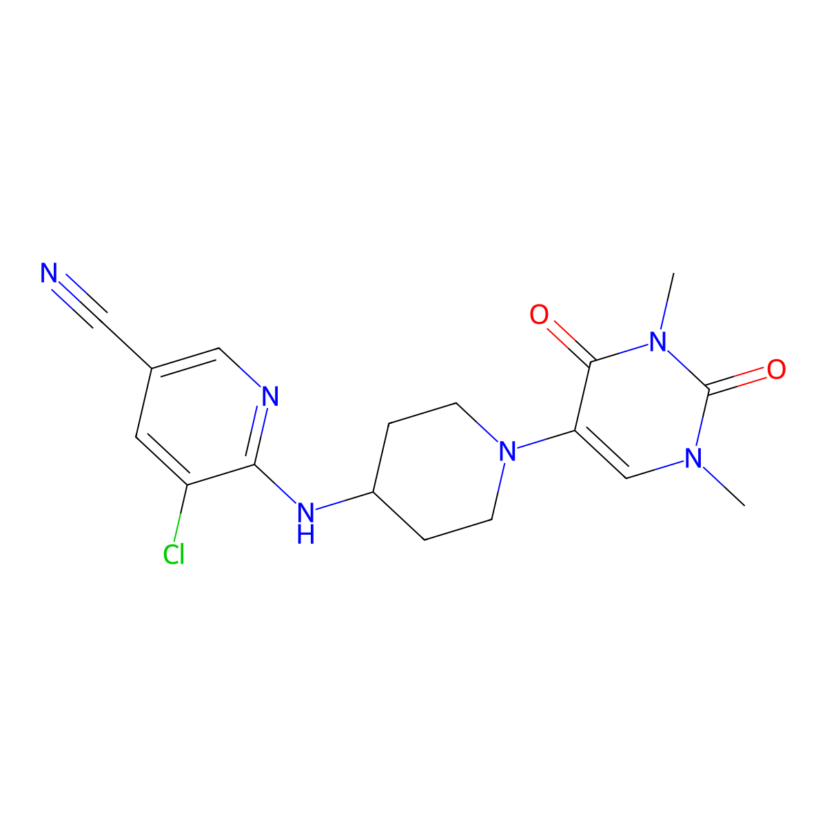 5-Chloro-6-{[1-(1,3-dimethyl-2,4-dioxo-1,2,3,4-tetrahydropyrimidin-5-yl)piperidin-4-yl]amino}pyridine-3-carbonitrile molecular structure, CAS 2640843-62-3