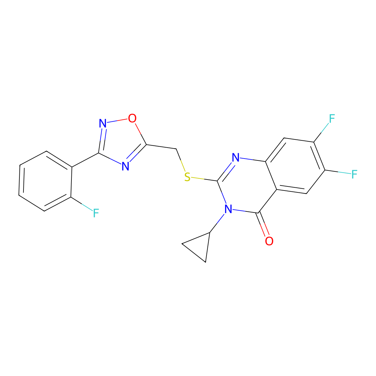 3-Cyclopropyl-6,7-difluoro-2-({[3-(2-fluorophenyl)-1,2,4-oxadiazol-5-yl]methyl}sulfanyl)-3,4-dihydroquinazolin-4-one molecular structure, CAS 2640843-64-5