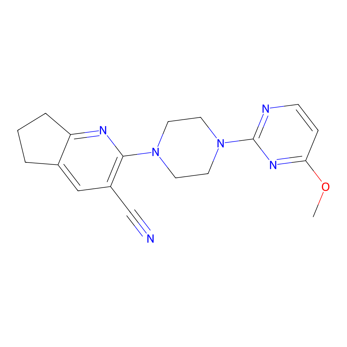 2-[4-(4-methoxypyrimidin-2-yl)piperazin-1-yl]-5H,6H,7H-cyclopenta[b]pyridine-3-carbonitrile molecular structure, CAS 2640843-68-9