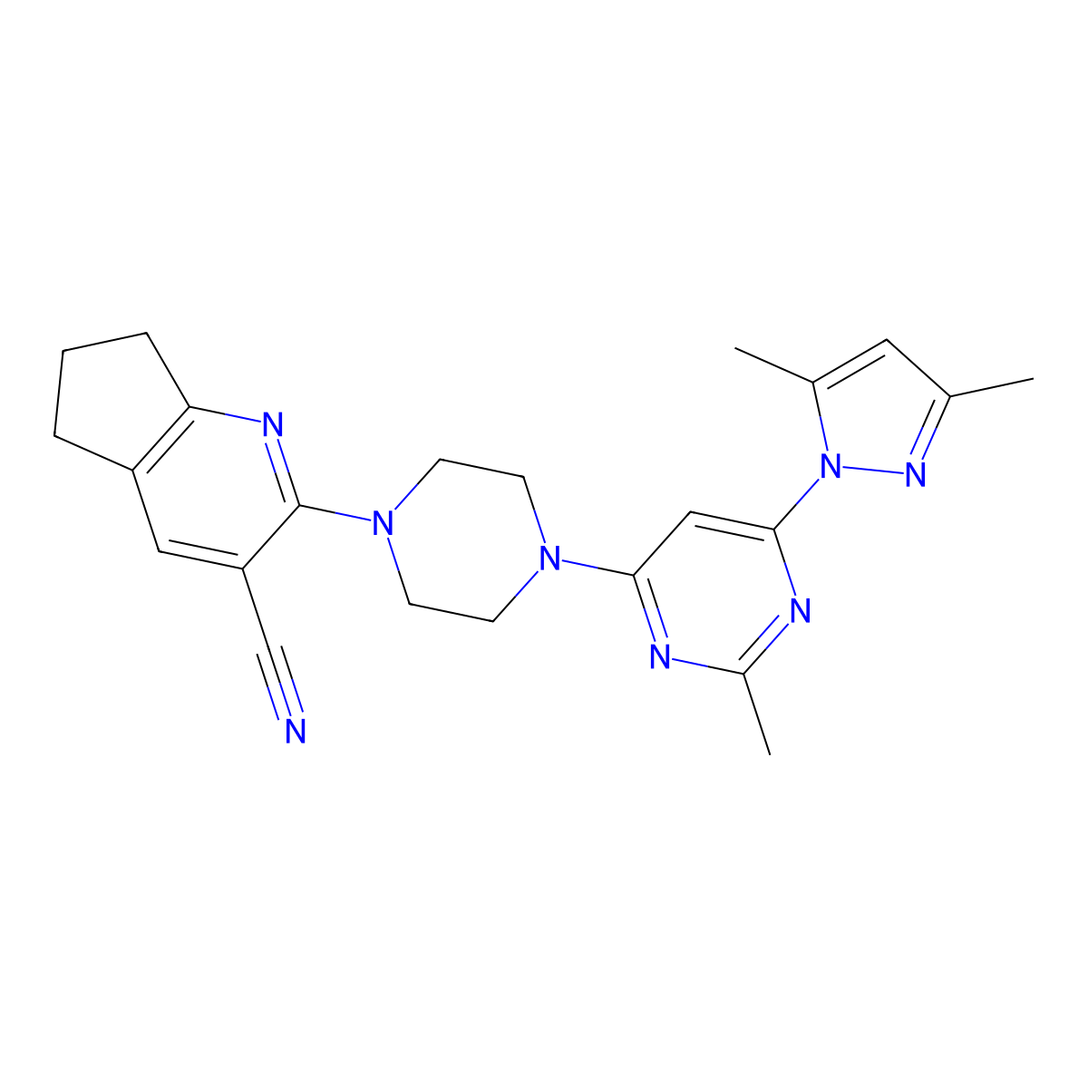 2-{4-[6-(3,5-dimethyl-1H-pyrazol-1-yl)-2-methylpyrimidin-4-yl]piperazin-1-yl}-5H,6H,7H-cyclopenta[b]pyridine-3-carbonitrile molecular structure, CAS 2640843-69-0
