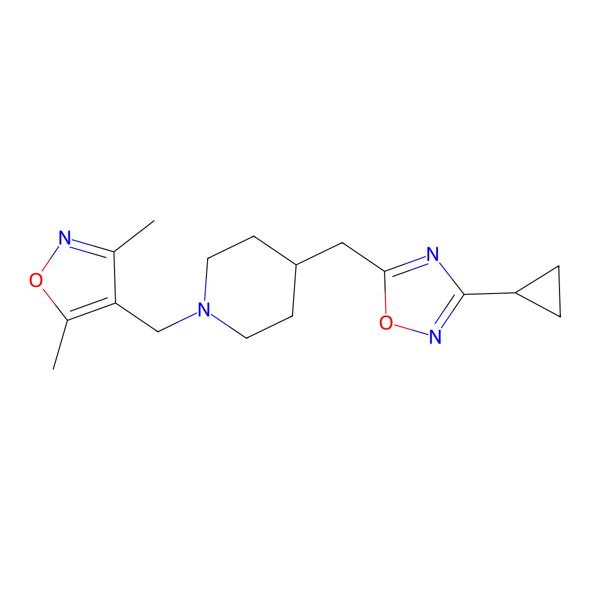 4-[(3-Cyclopropyl-1,2,4-oxadiazol-5-yl)methyl]-1-[(3,5-dimethyl-1,2-oxazol-4-yl)methyl]piperidine molecular structure, CAS 2640843-70-3