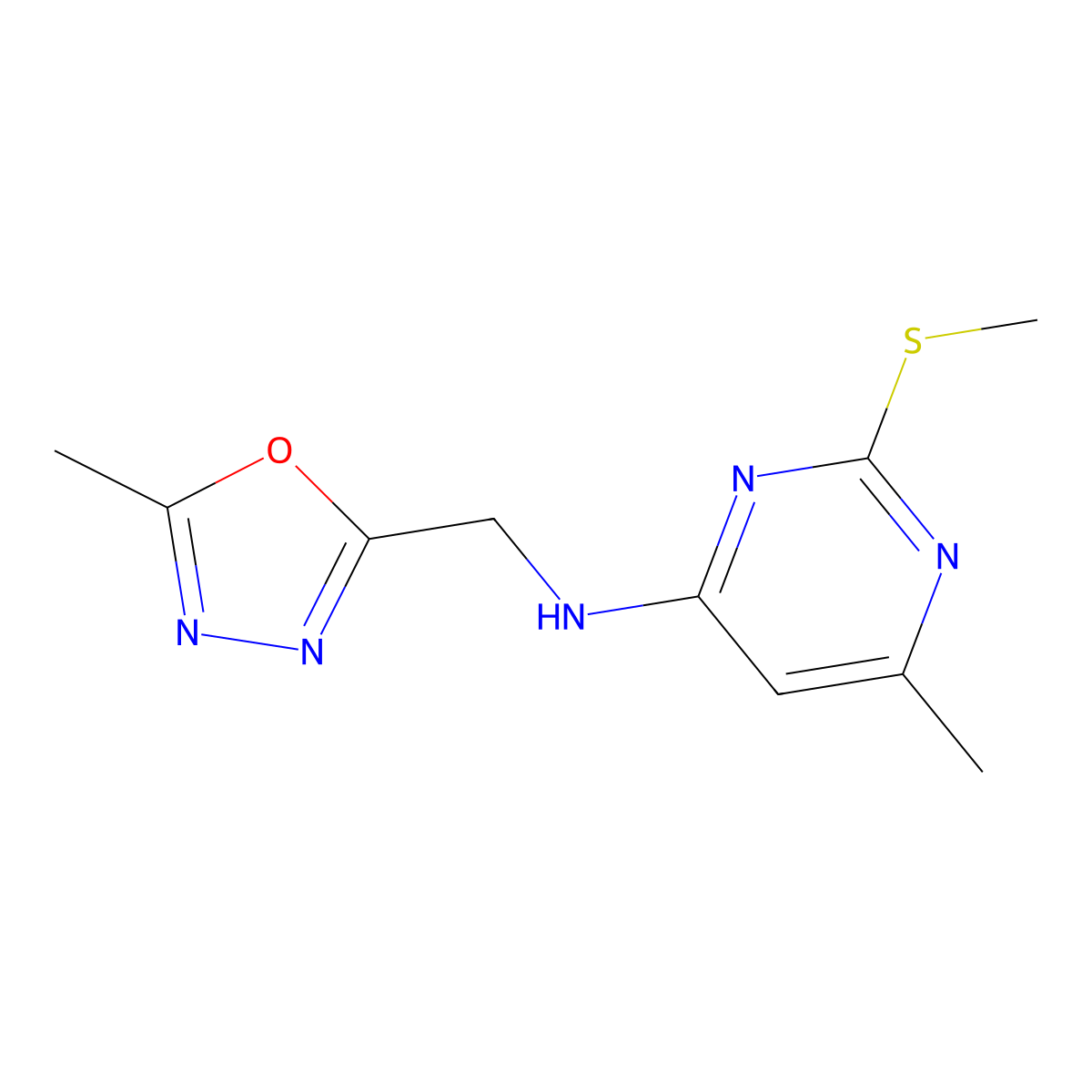 6-methyl-N-[(5-methyl-1,3,4-oxadiazol-2-yl)methyl]-2-(methylsulfanyl)pyrimidin-4-amine molecular structure, CAS 2640843-72-5