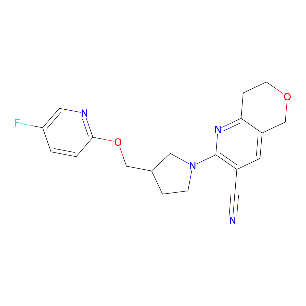 2-(3-{[(5-fluoropyridin-2-yl)oxy]methyl}pyrrolidin-1-yl)-5H,7H,8H-pyrano[4,3-b]pyridine-3-carbonitrile molecular structure, CAS 2640843-74-7