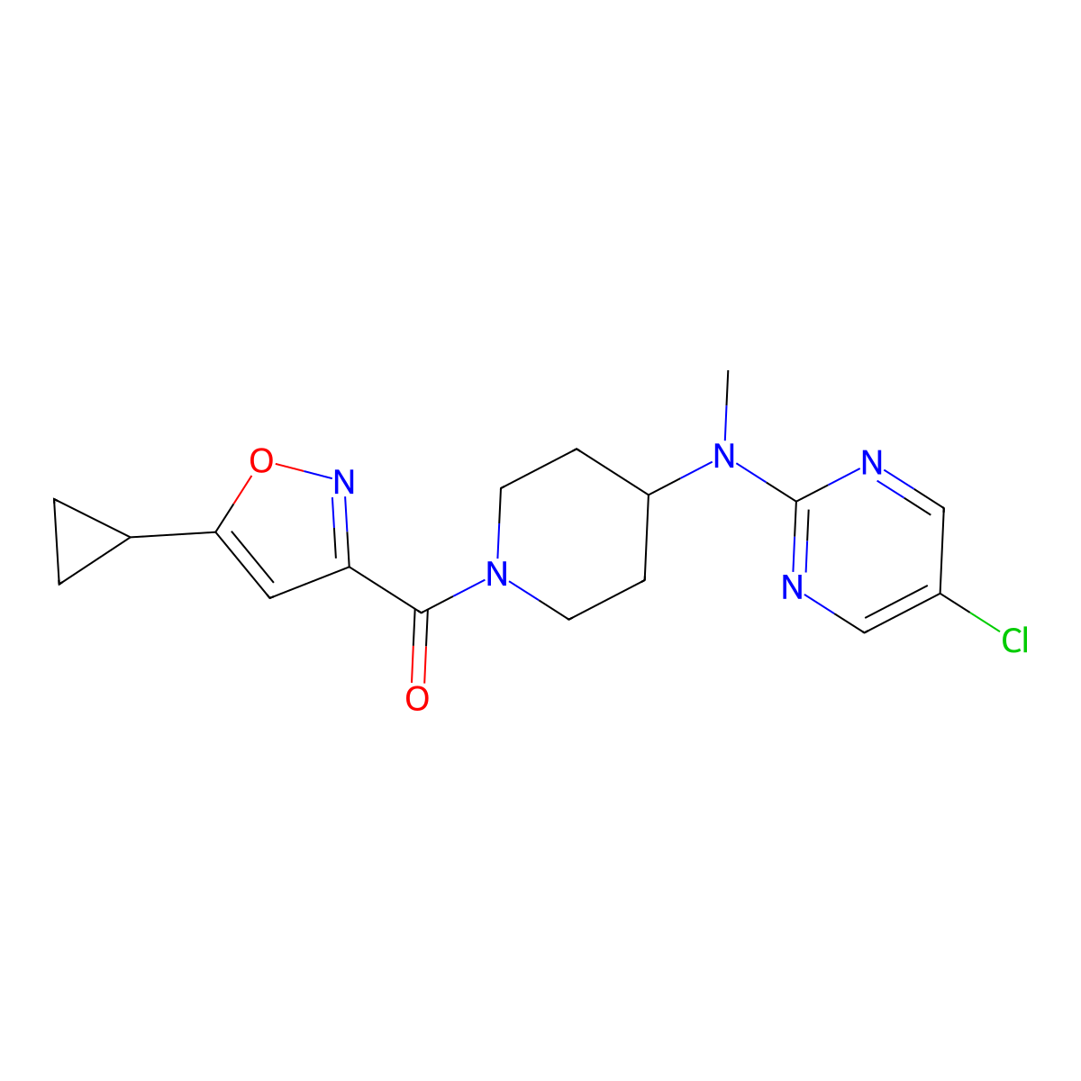 5-chloro-N-[1-(5-cyclopropyl-1,2-oxazole-3-carbonyl)piperidin-4-yl]-N-methylpyrimidin-2-amine molecular structure, CAS 2640843-80-5