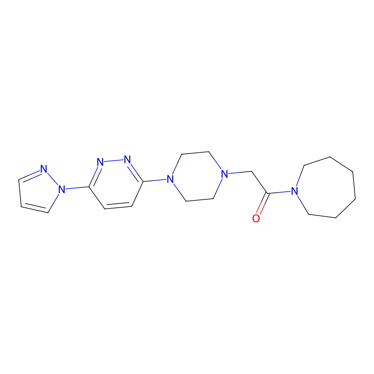 1-(azepan-1-yl)-2-{4-[6-(1H-pyrazol-1-yl)pyridazin-3-yl]piperazin-1-yl}ethan-1-one molecular structure, CAS 2640843-82-7