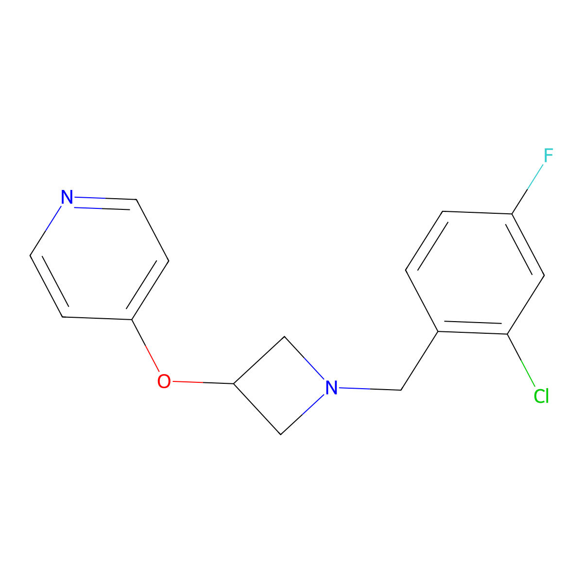 4-({1-[(2-Chloro-4-fluorophenyl)methyl]azetidin-3-yl}oxy)pyridine molecular structure, CAS 2640843-88-3