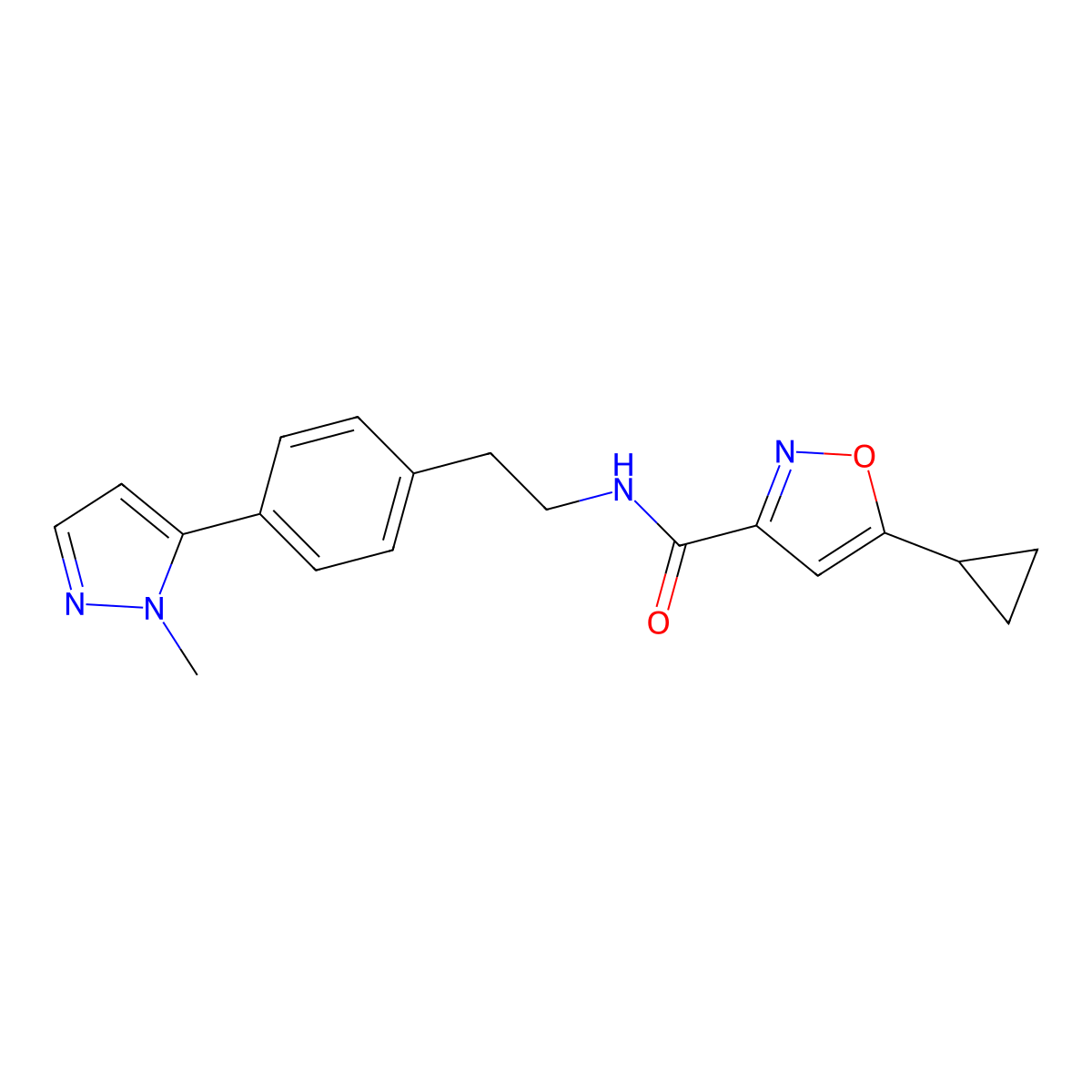 5-cyclopropyl-N-{2-[4-(1-methyl-1H-pyrazol-5-yl)phenyl]ethyl}-1,2-oxazole-3-carboxamide molecular structure, CAS 2640843-91-8
