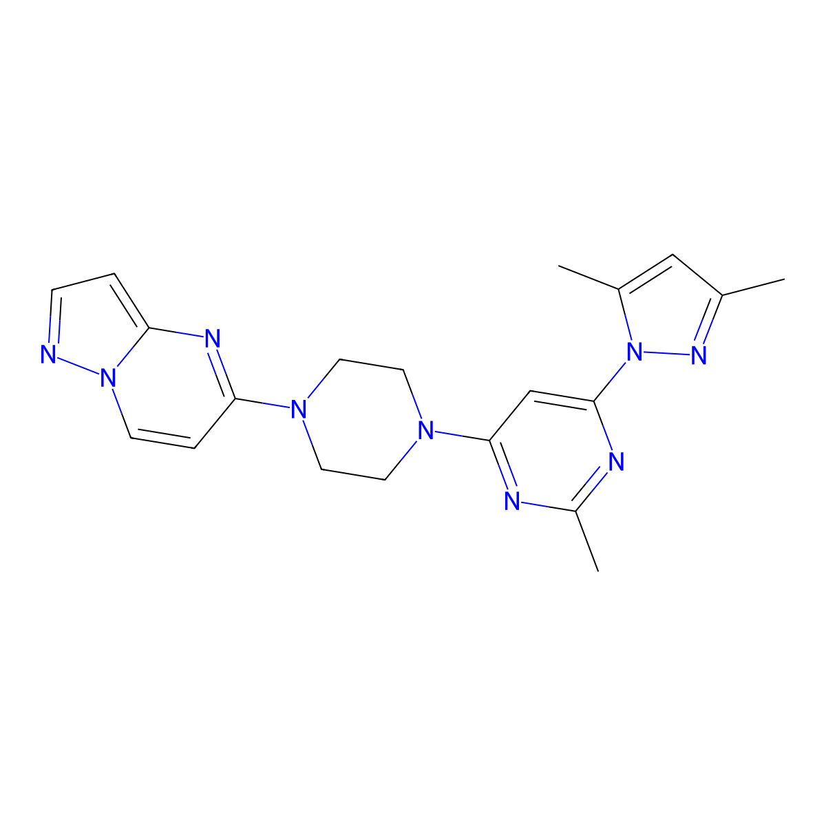 4-(3,5-dimethyl-1H-pyrazol-1-yl)-2-methyl-6-(4-{pyrazolo[1,5-a]pyrimidin-5-yl}piperazin-1-yl)pyrimidine molecular structure, CAS 2640844-01-3