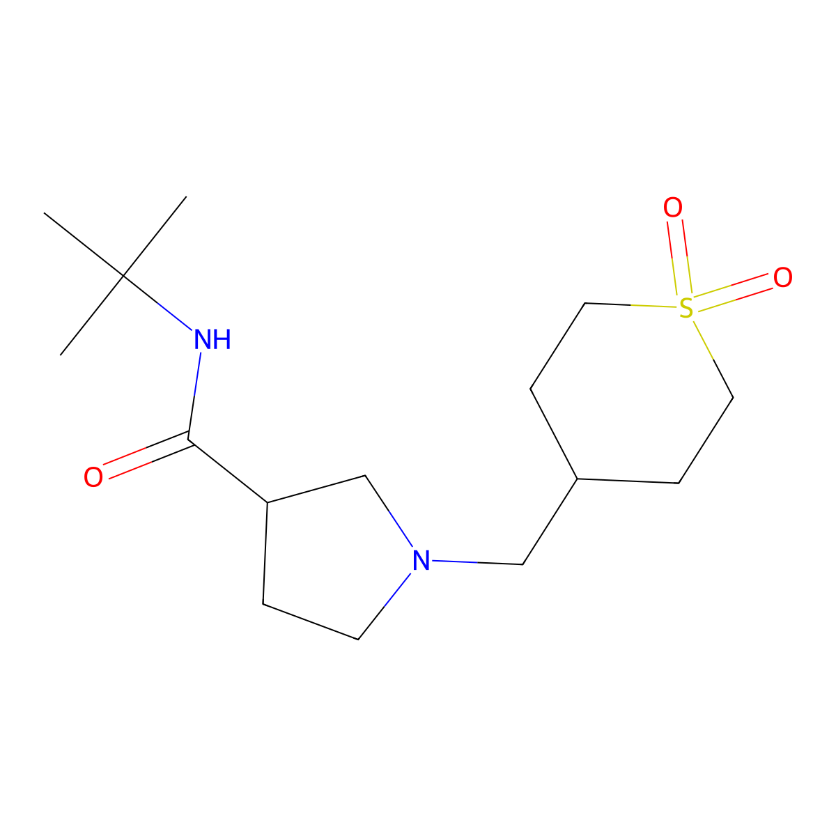 N-tert-butyl-1-[(1,1-dioxo-1lambda6-thian-4-yl)methyl]pyrrolidine-3-carboxamide molecular structure, CAS 2640844-06-8