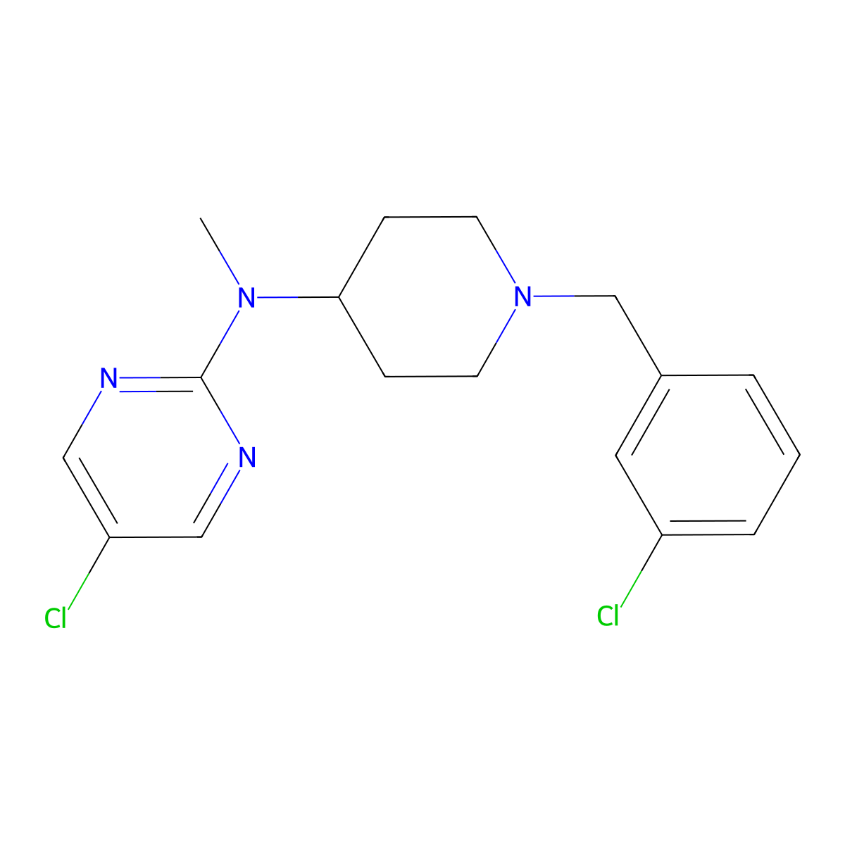 5-chloro-N-{1-[(3-chlorophenyl)methyl]piperidin-4-yl}-N-methylpyrimidin-2-amine molecular structure, CAS 2640845-08-3