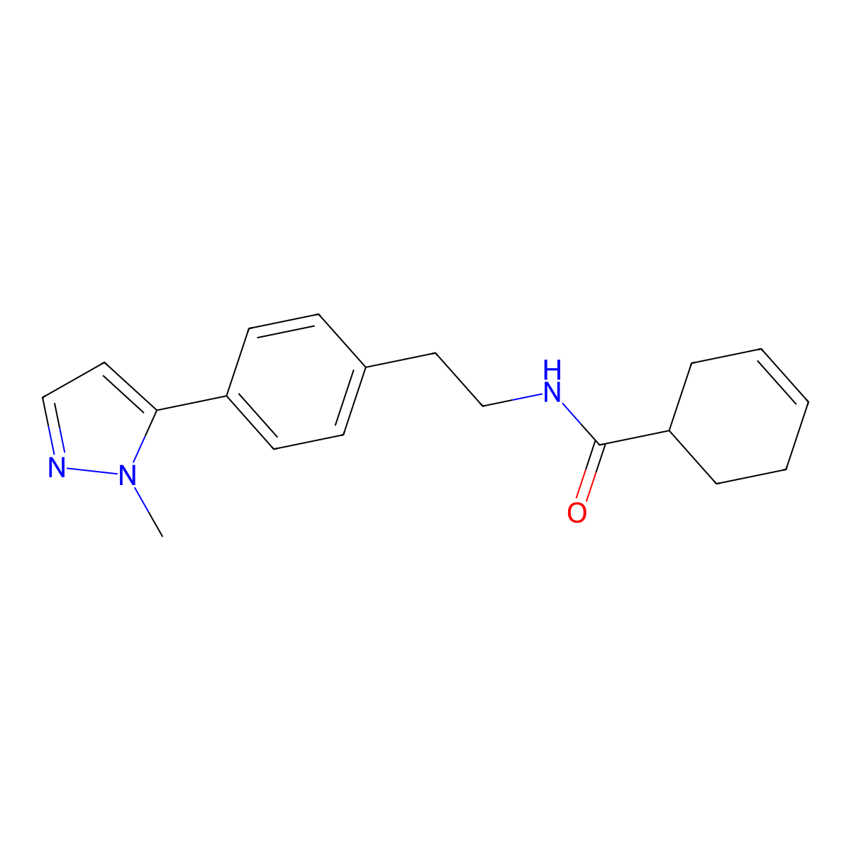 N-{2-[4-(1-methyl-1H-pyrazol-5-yl)phenyl]ethyl}cyclohex-3-ene-1-carboxamide molecular structure, CAS 2640845-10-7