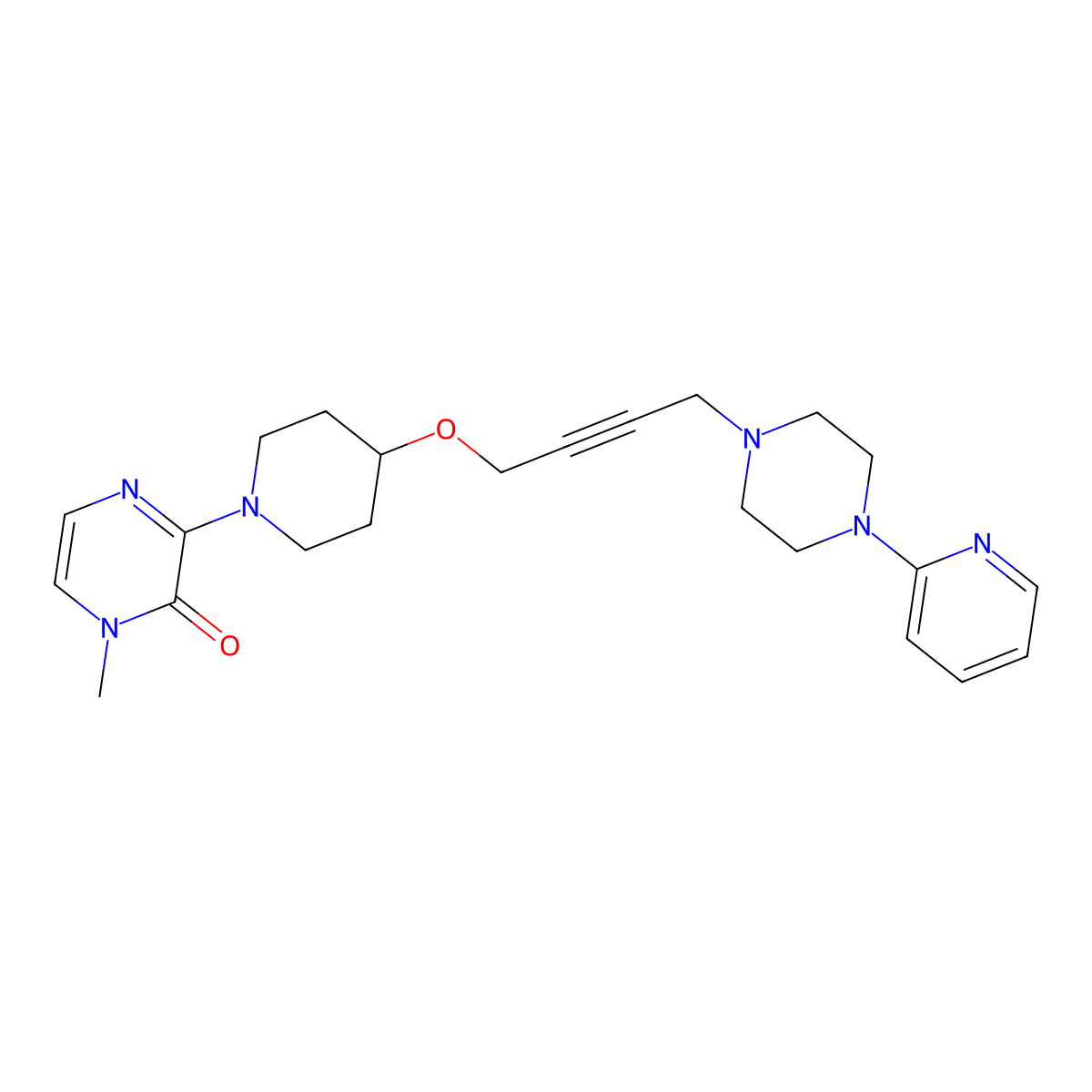 1-Methyl-3-[4-({4-[4-(pyridin-2-yl)piperazin-1-yl]but-2-yn-1-yl}oxy)piperidin-1-yl]-1,2-dihydropyrazin-2-one molecular structure, CAS 2640845-14-1
