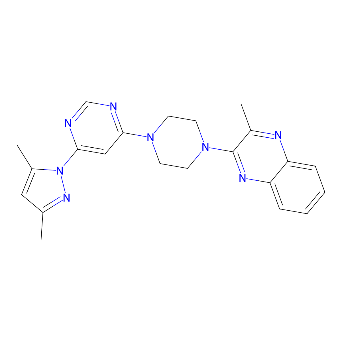 2-{4-[6-(3,5-dimethyl-1H-pyrazol-1-yl)pyrimidin-4-yl]piperazin-1-yl}-3-methylquinoxaline molecular structure, CAS 2640845-15-2