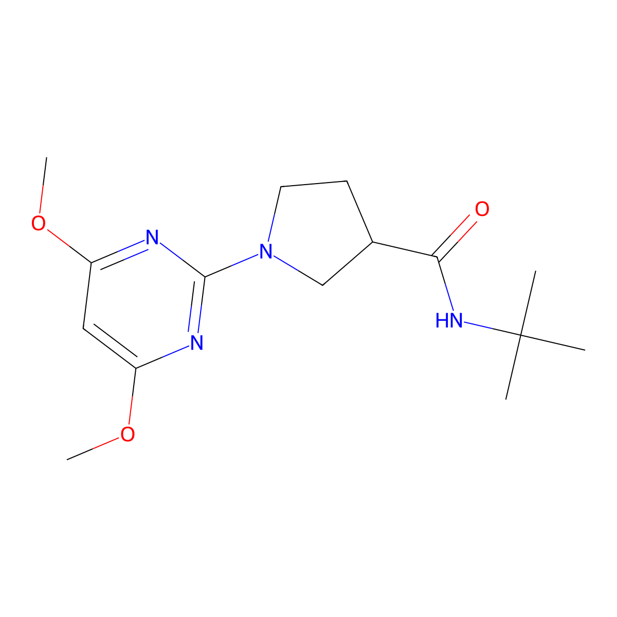 N-tert-butyl-1-(4,6-dimethoxypyrimidin-2-yl)pyrrolidine-3-carboxamide molecular structure, CAS 2640845-20-9
