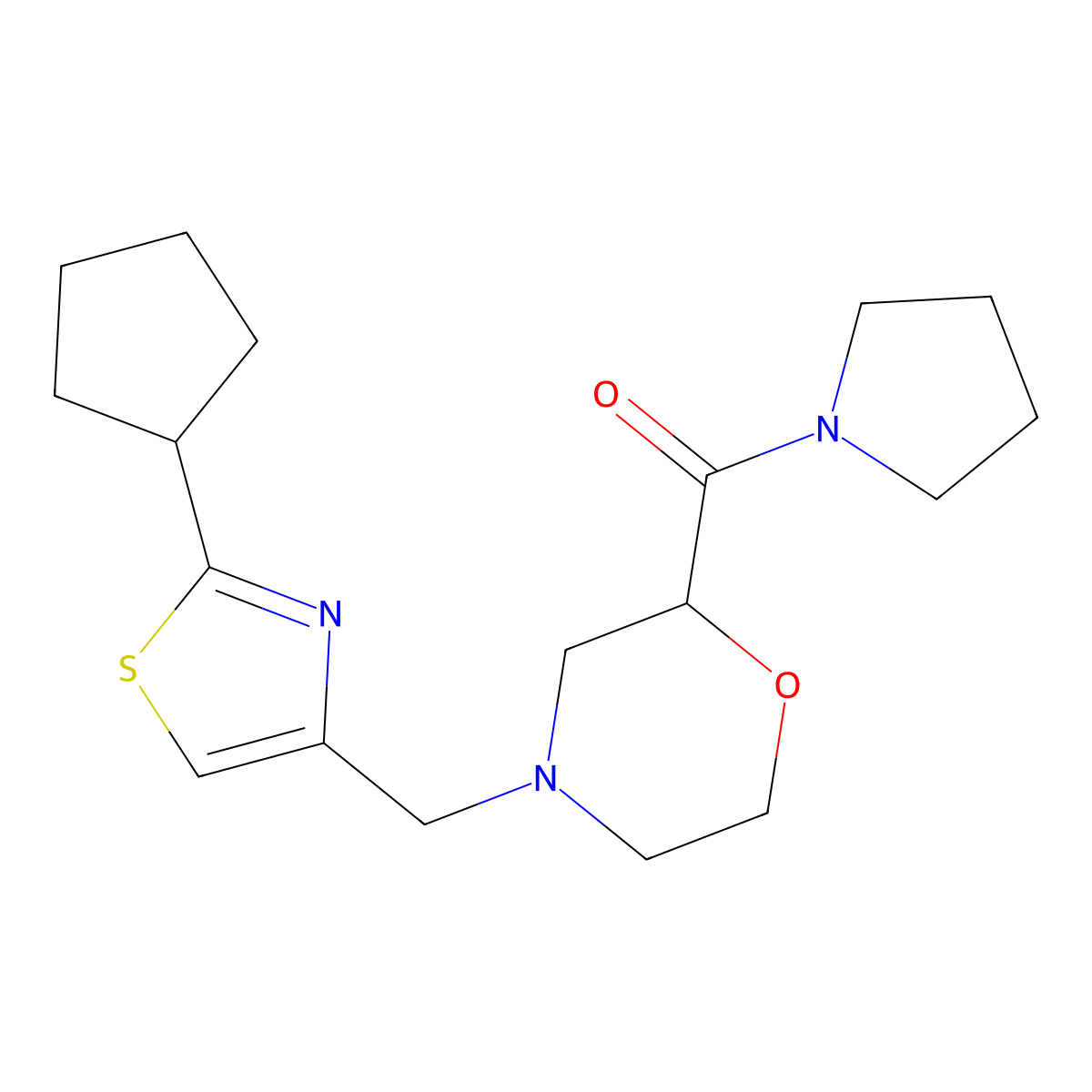 4-[(2-Cyclopentyl-1,3-thiazol-4-yl)methyl]-2-(pyrrolidine-1-carbonyl)morpholine molecular structure, CAS 2640845-28-7