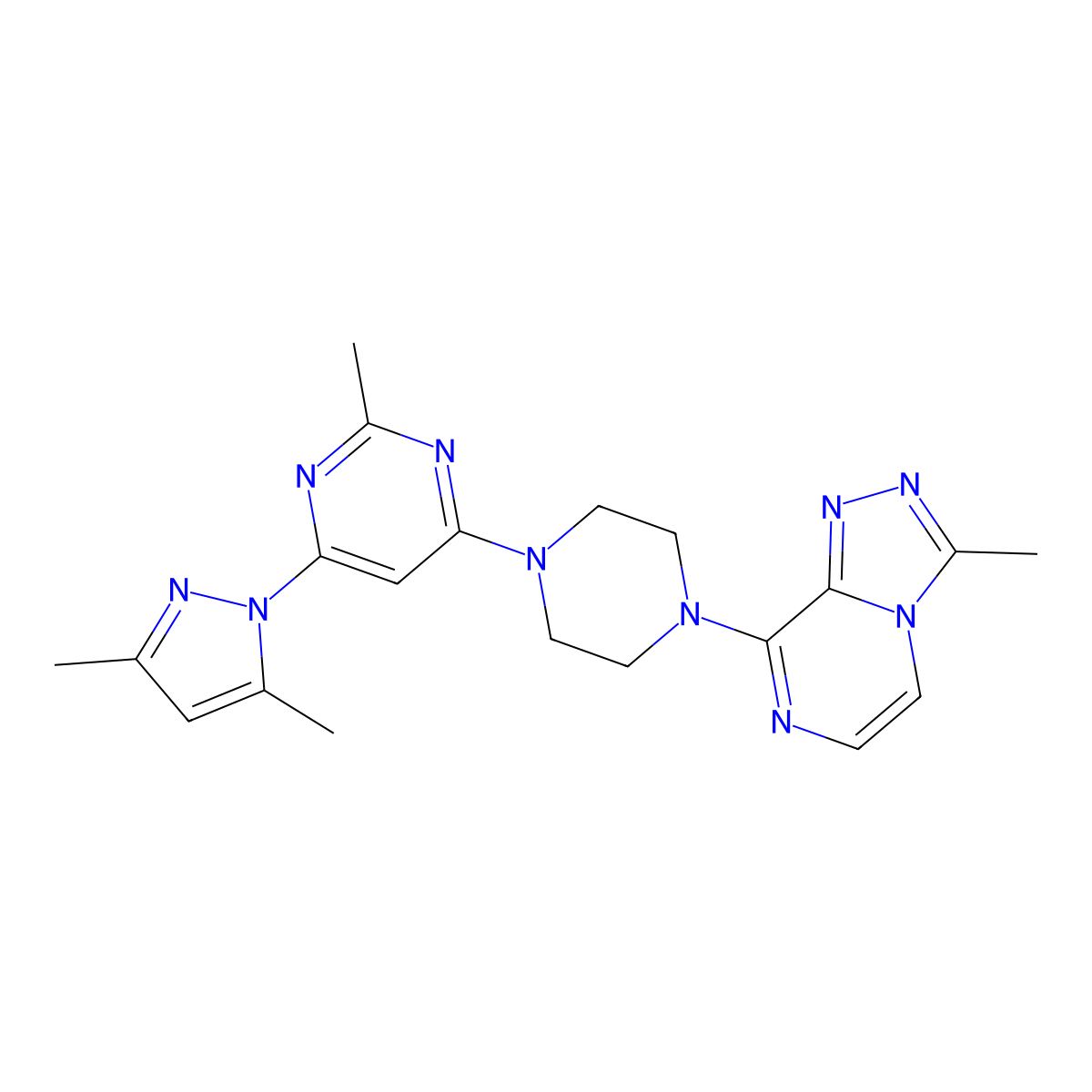 4-(3,5-dimethyl-1H-pyrazol-1-yl)-2-methyl-6-(4-{3-methyl-[1,2,4]triazolo[4,3-a]pyrazin-8-yl}piperazin-1-yl)pyrimidine molecular structure, CAS 2640845-33-4